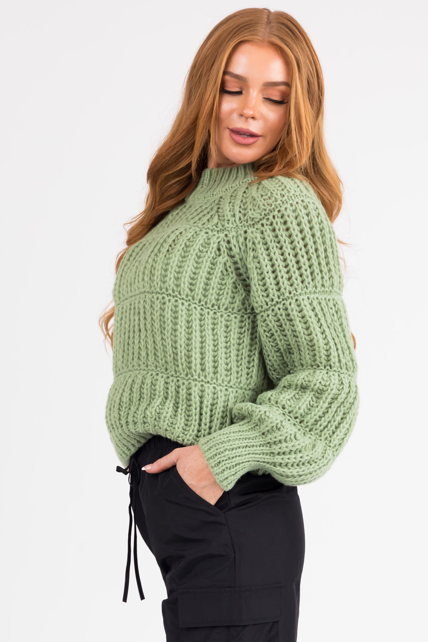 Pistachio Thick Crochet Knit Tiered Sweater