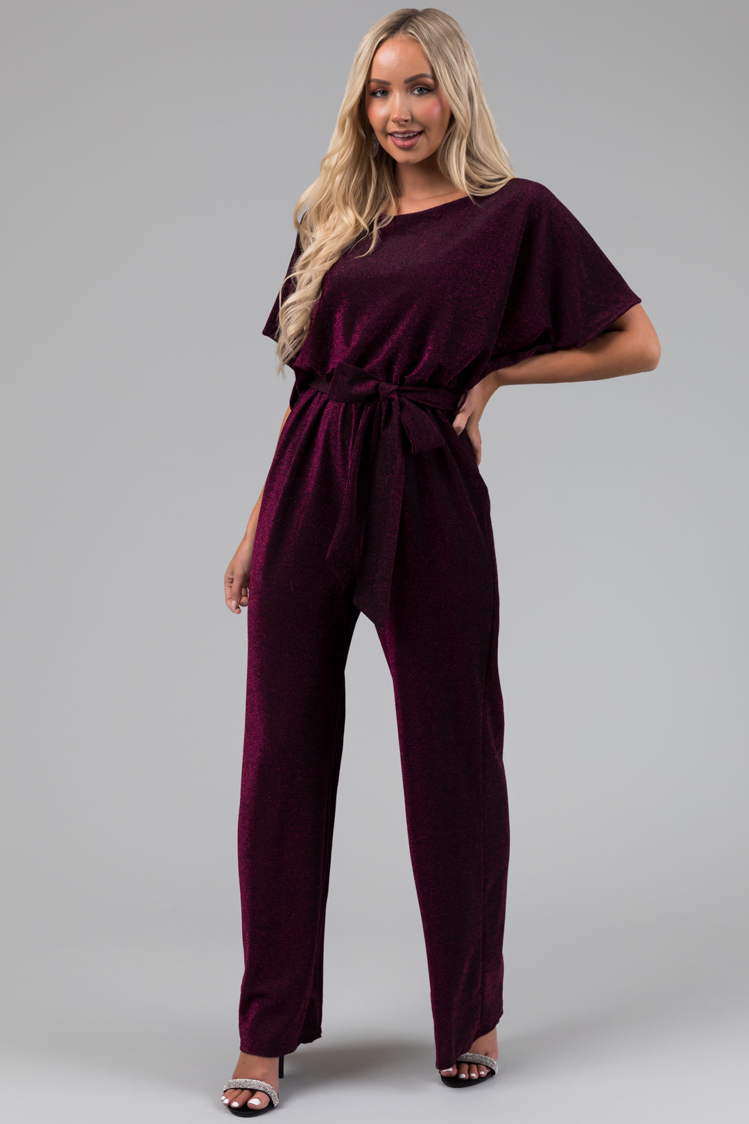 Plum Glitter Waist Tied Jumpsuit