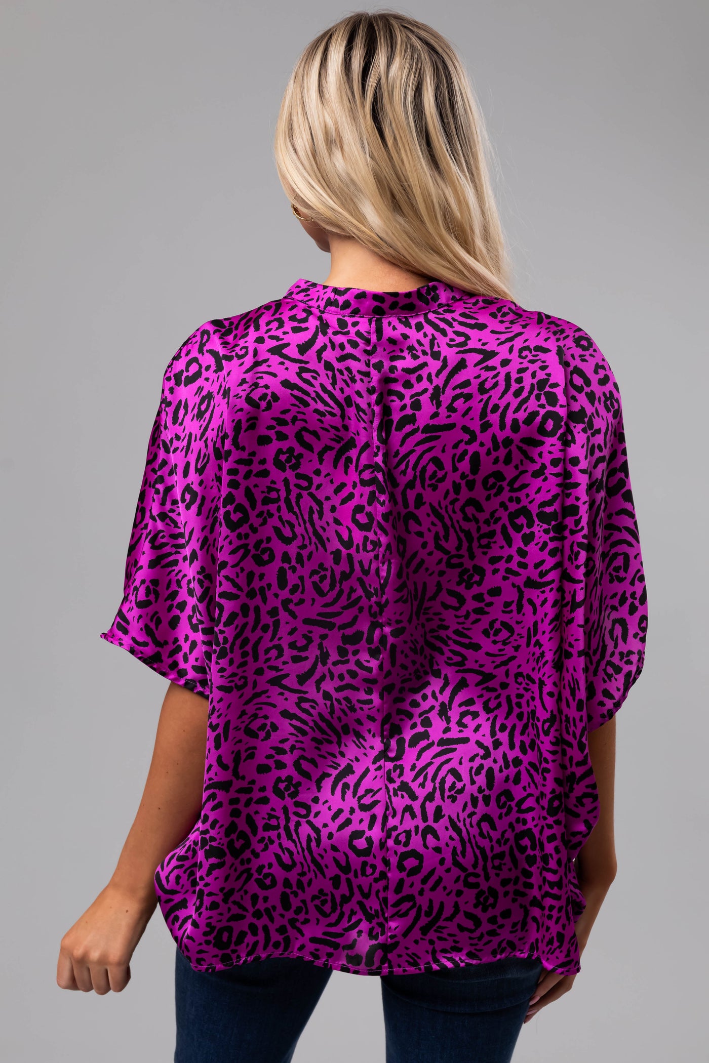Plum Leopard Satin V Neck Half Sleeve Top