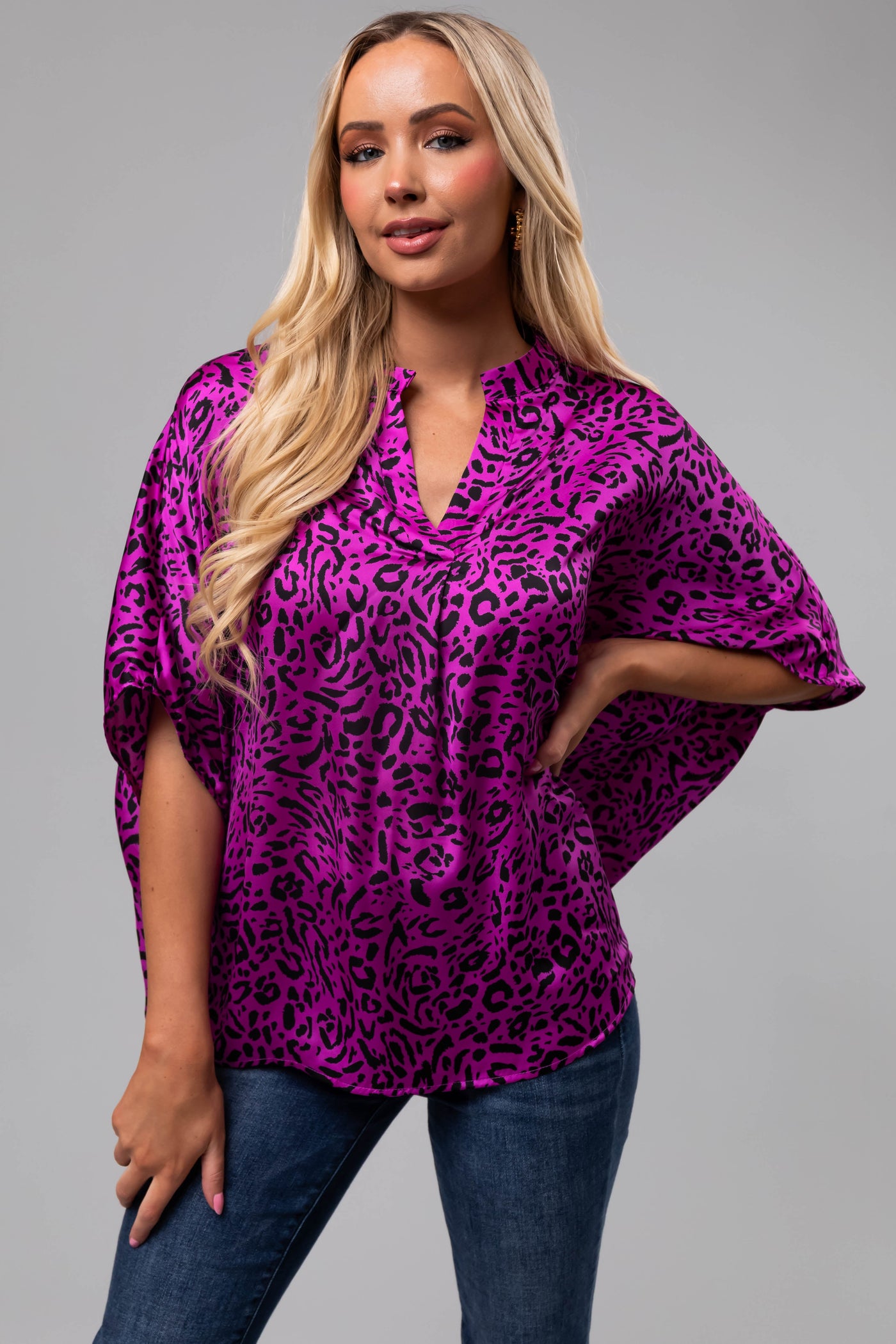 Plum Leopard Satin V Neck Half Sleeve Top