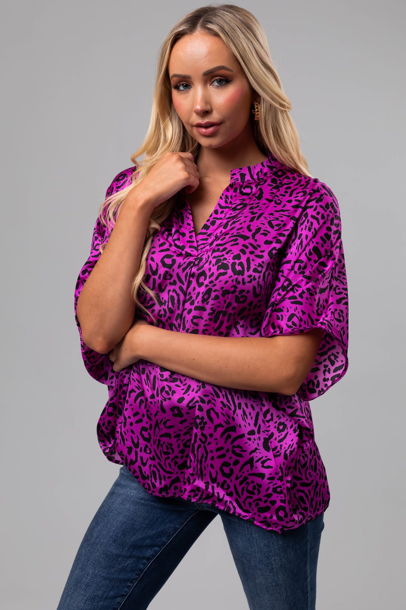 Plum Leopard Satin V Neck Half Sleeve Top