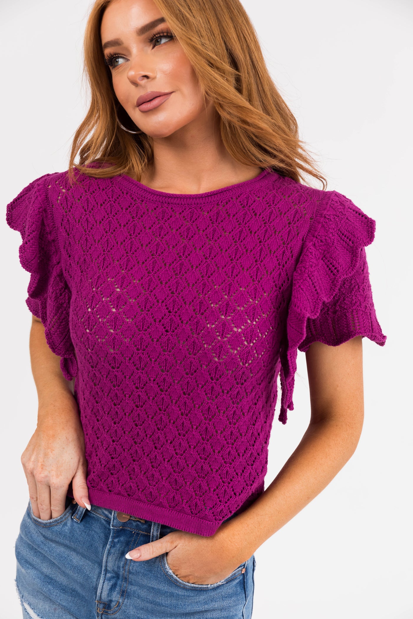 Plum Ruffle Sleeve Crochet Knit Crop Top