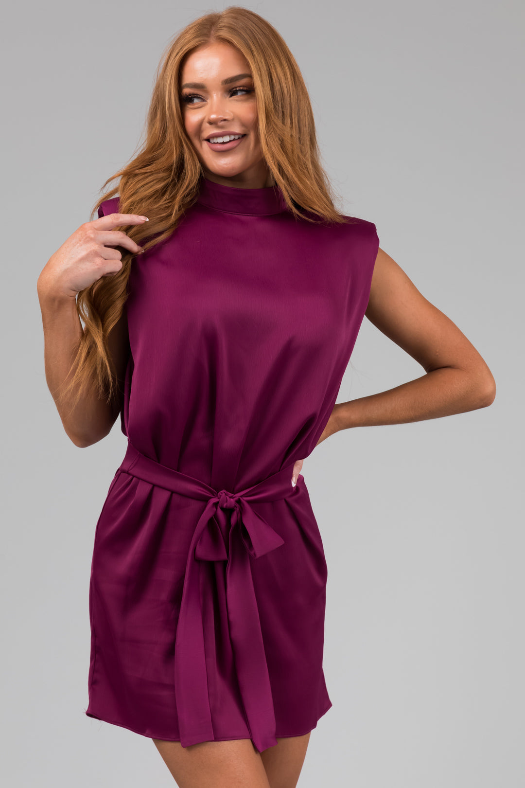 Plum Sash Tie Textured Satin Mock Neck Dress