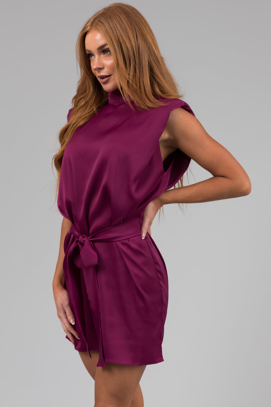 Plum Sash Tie Textured Satin Mock Neck Dress