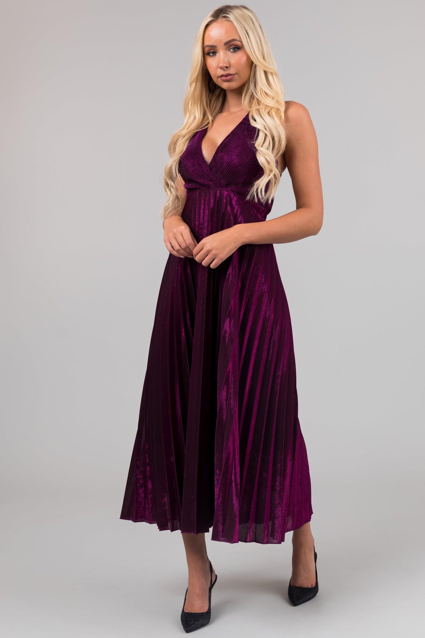 Plum Surplice Neck Sleeveless Pleated Maxi Dress