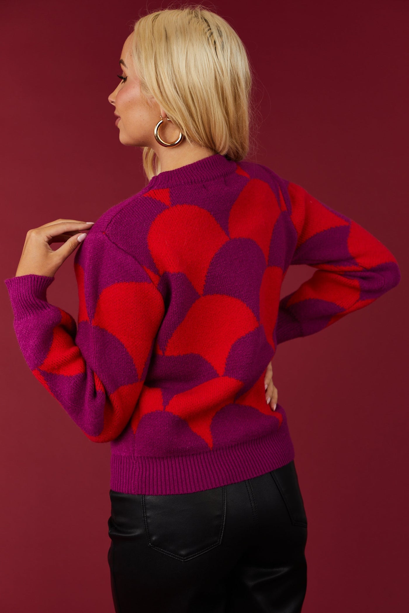 Plum and Lipstick Scallop Print Knit Sweater