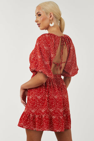 Pomegranate Spotted Open Tie Back Mini Dress