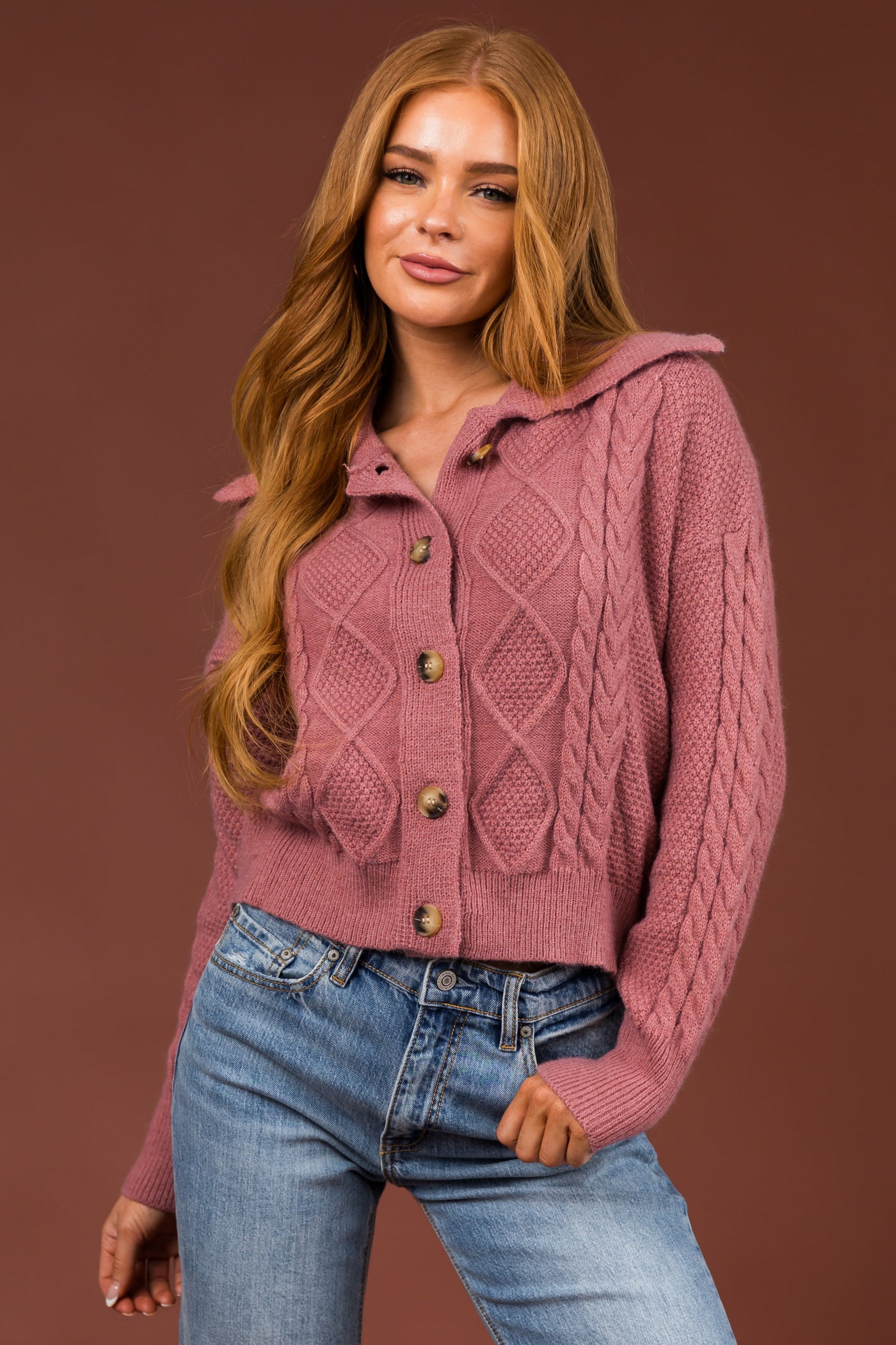 Punch Cable Knit Button Up Collared Cardigan