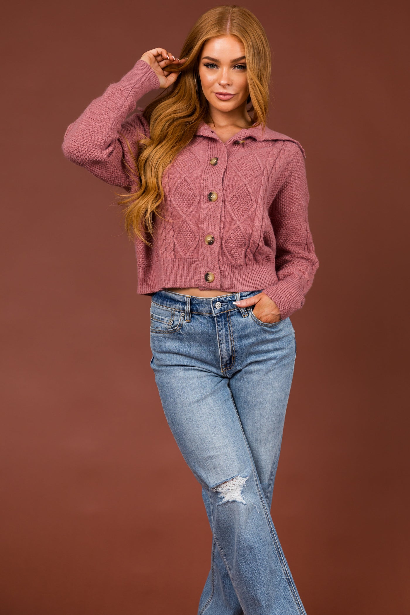 Punch Cable Knit Button Up Collared Cardigan