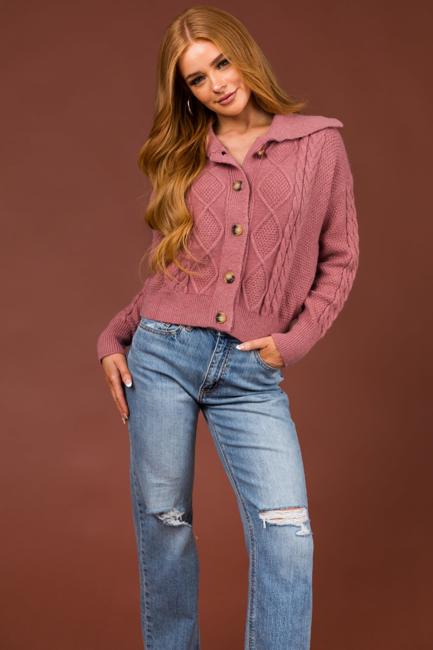 Punch Cable Knit Button Up Collared Cardigan