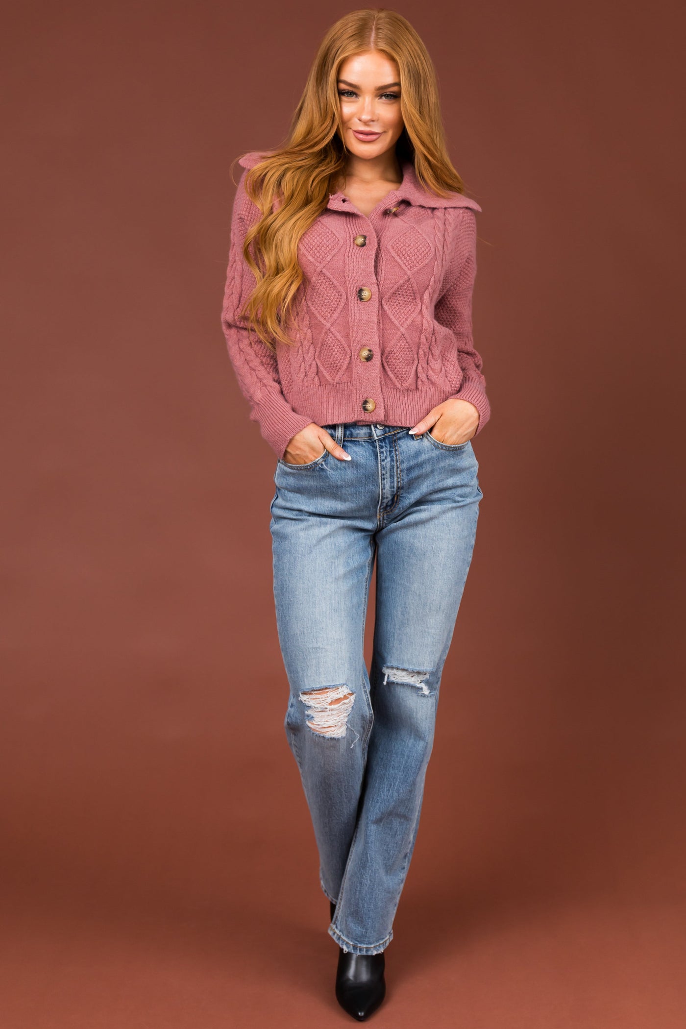 Punch Cable Knit Button Up Collared Cardigan