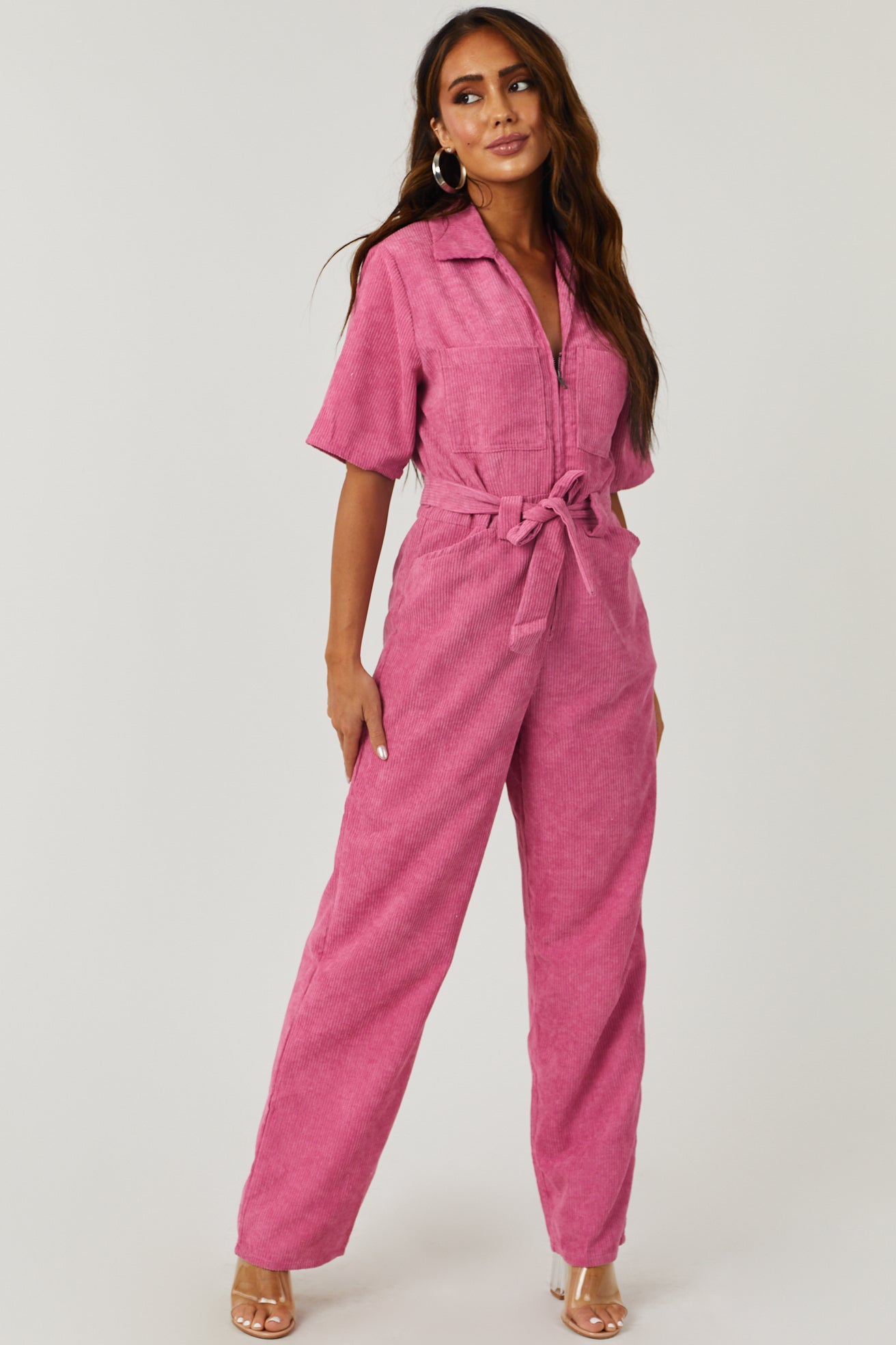 Punch Corduroy Collared Waist Tie Jumpsuit