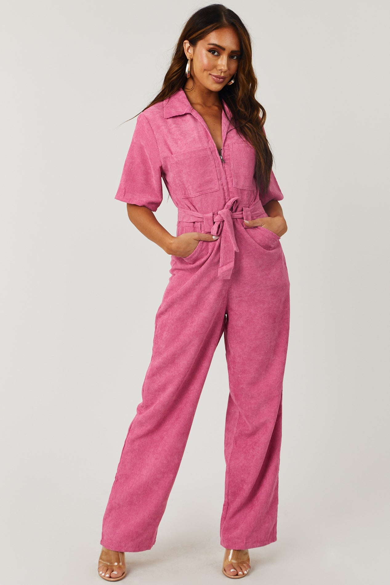 Punch Corduroy Collared Waist Tie Jumpsuit