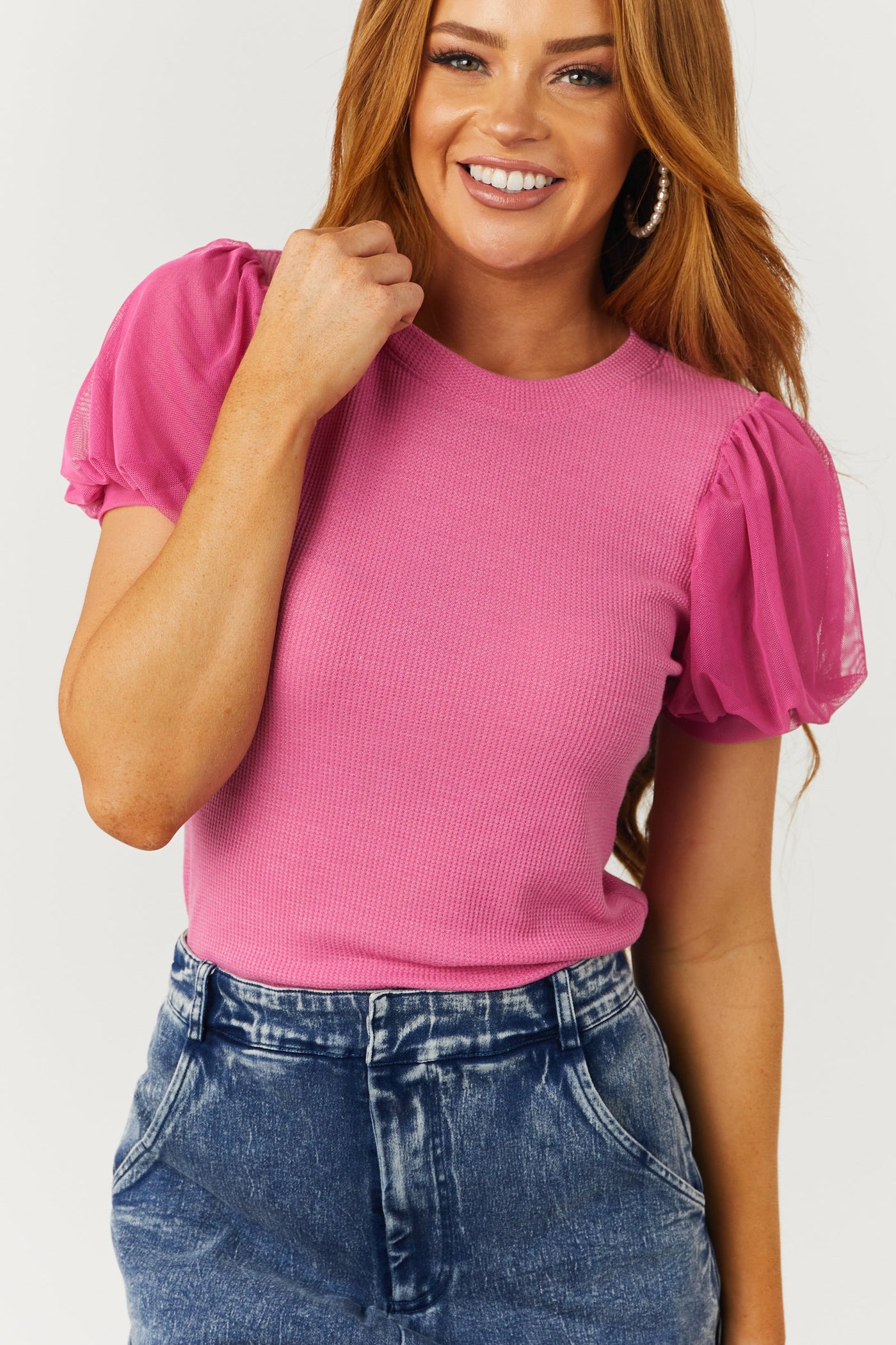 Punch Short Puff Mesh Sleeve Waffle Knit Top