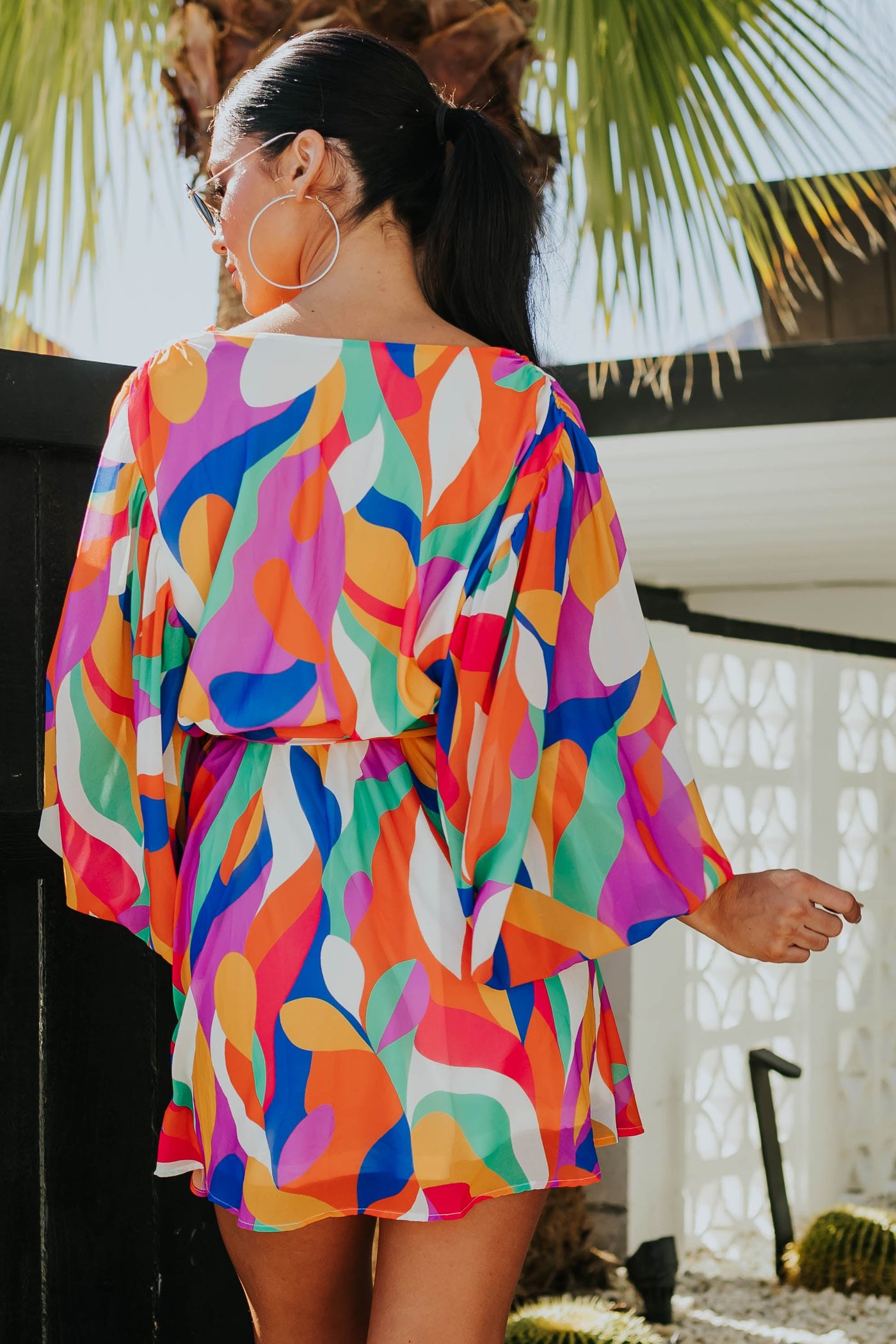 Rainbow Abstract Print Mini Dress with Waist Tie