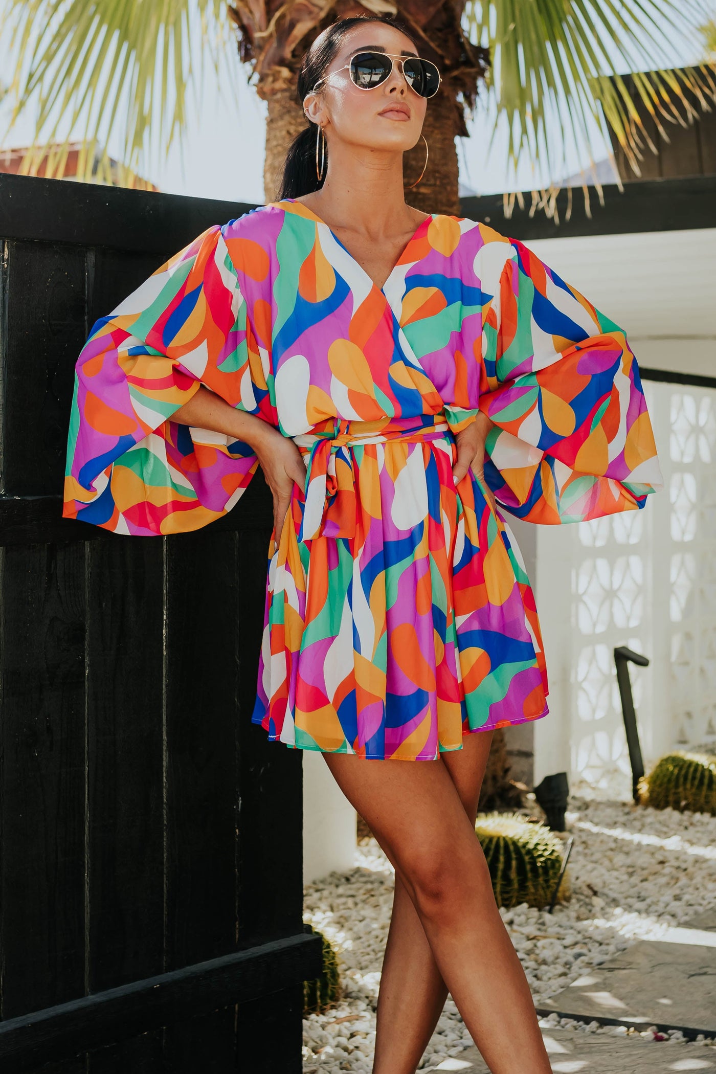 Rainbow Abstract Print Mini Dress with Waist Tie