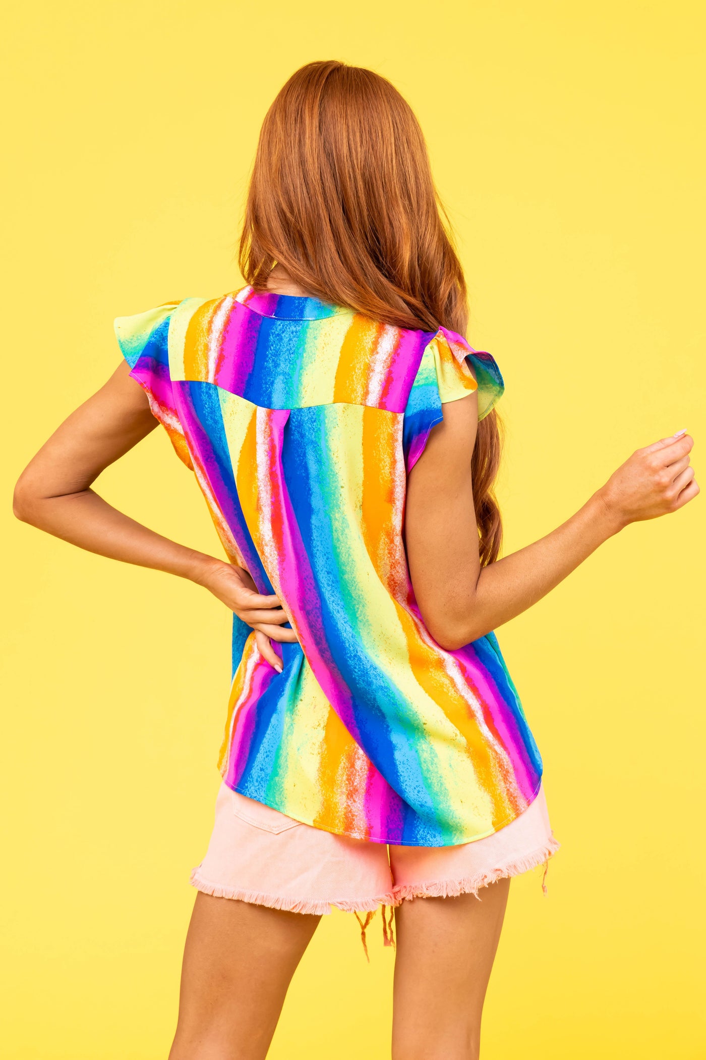 Rainbow Striped Notch Neck Ruffle Sleeve Top