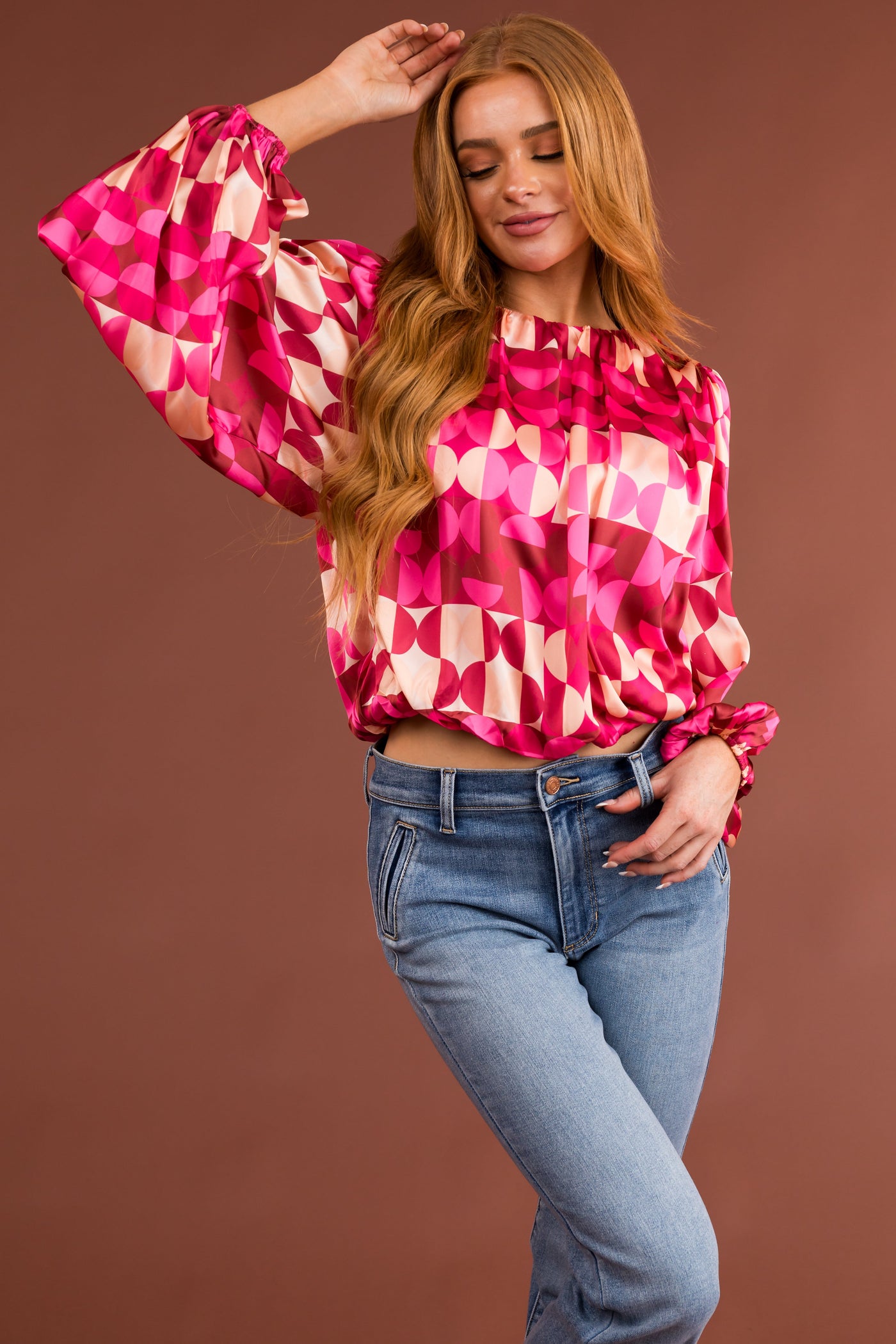 Raspberry Abstract Print Woven Long Sleeve Top