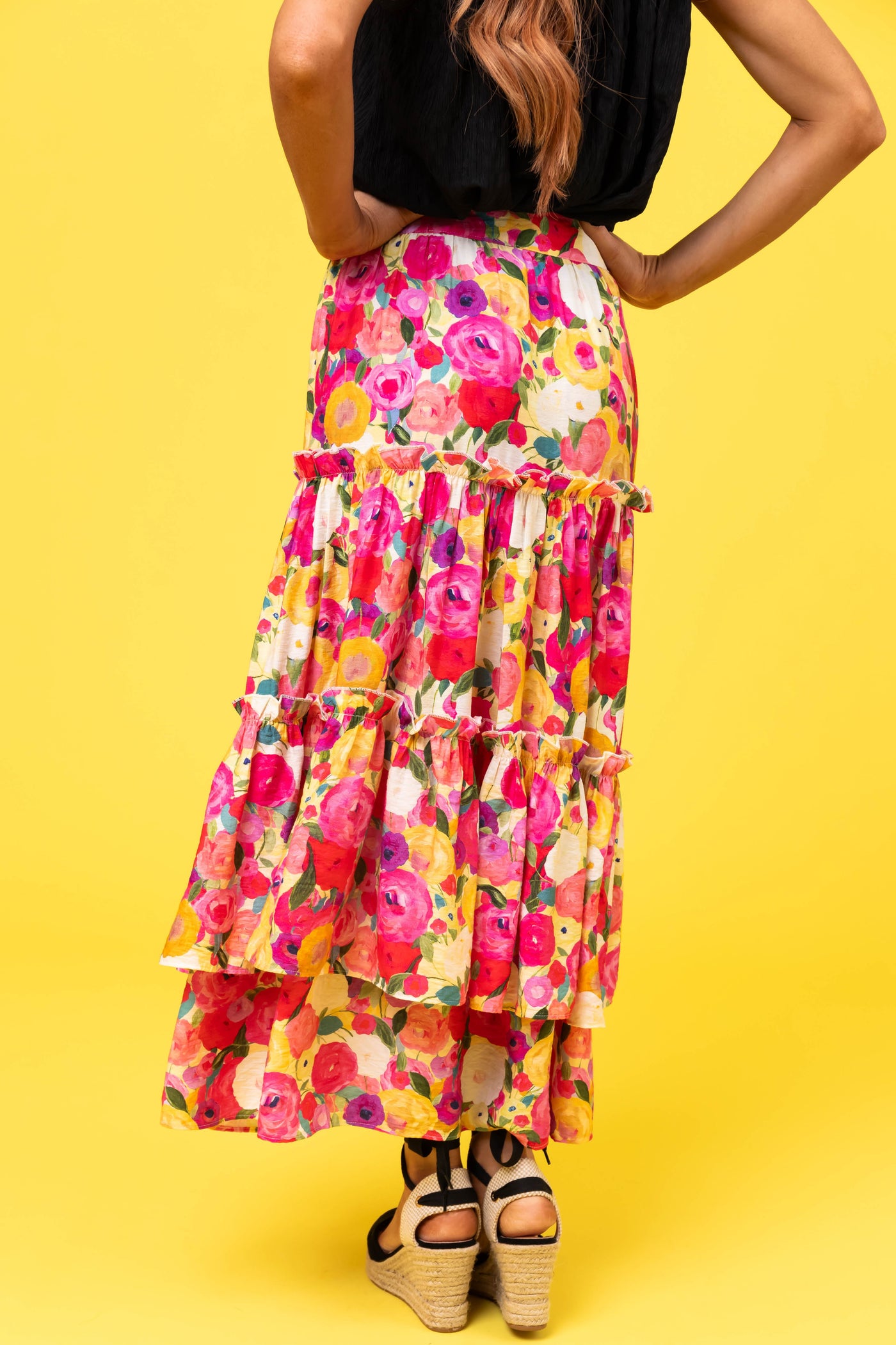 Raspberry Floral Print Tiered Maxi Skirt