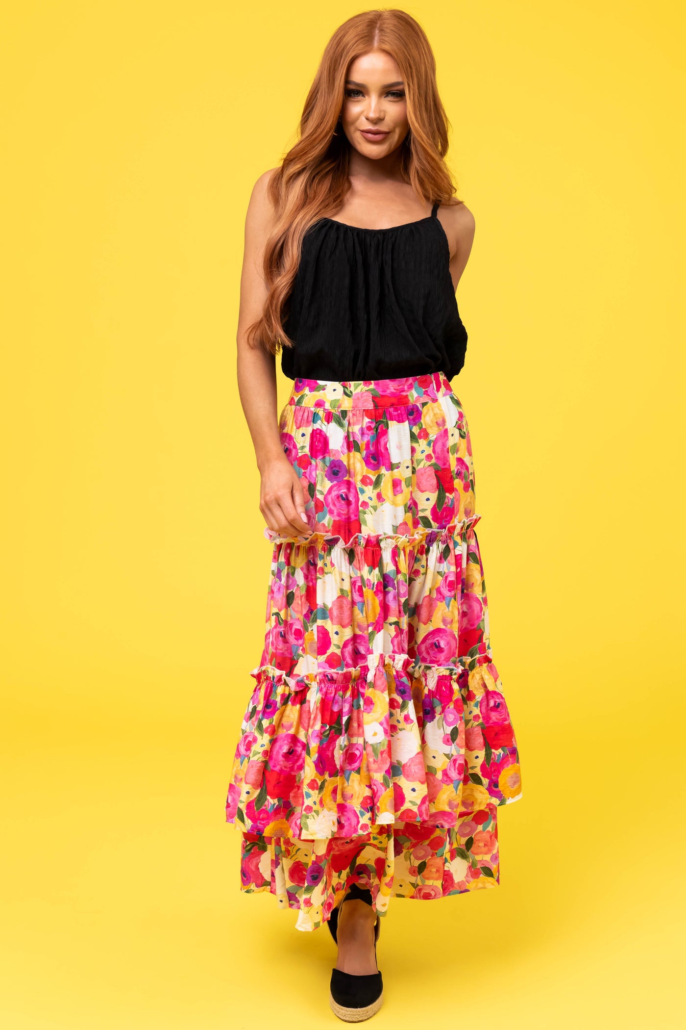 Raspberry Floral Print Tiered Maxi Skirt