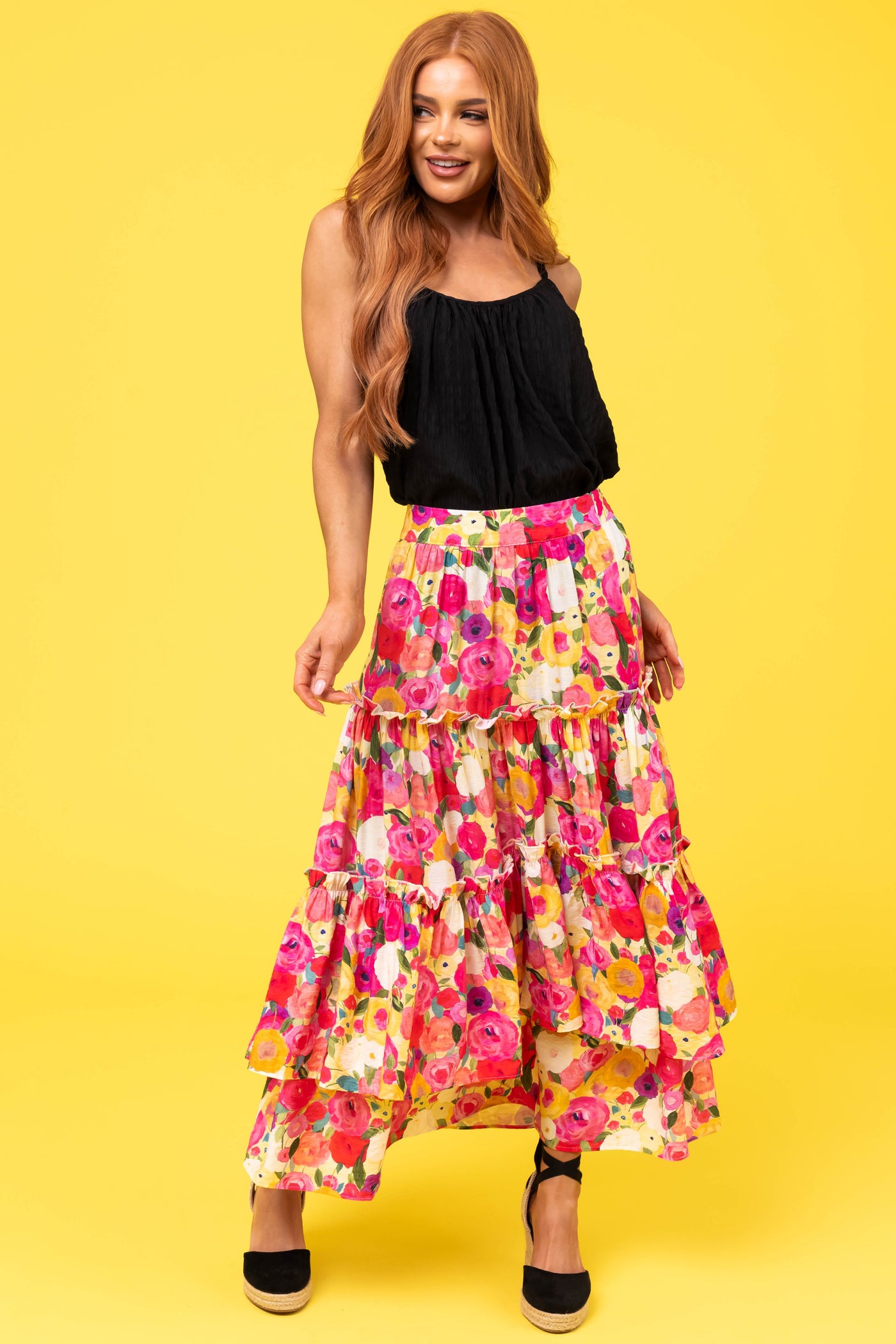 Raspberry Floral Print Tiered Maxi Skirt