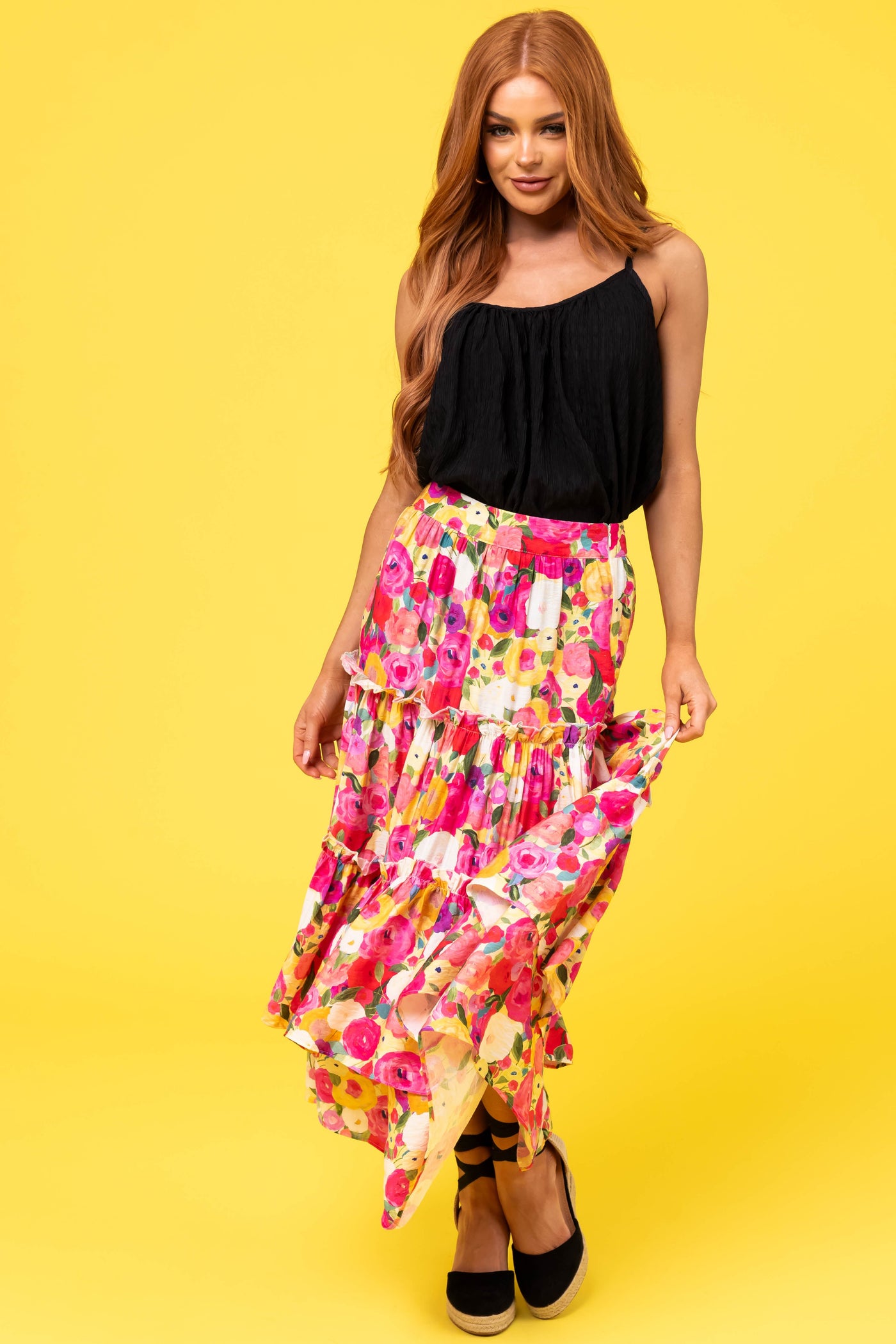Raspberry Floral Print Tiered Maxi Skirt