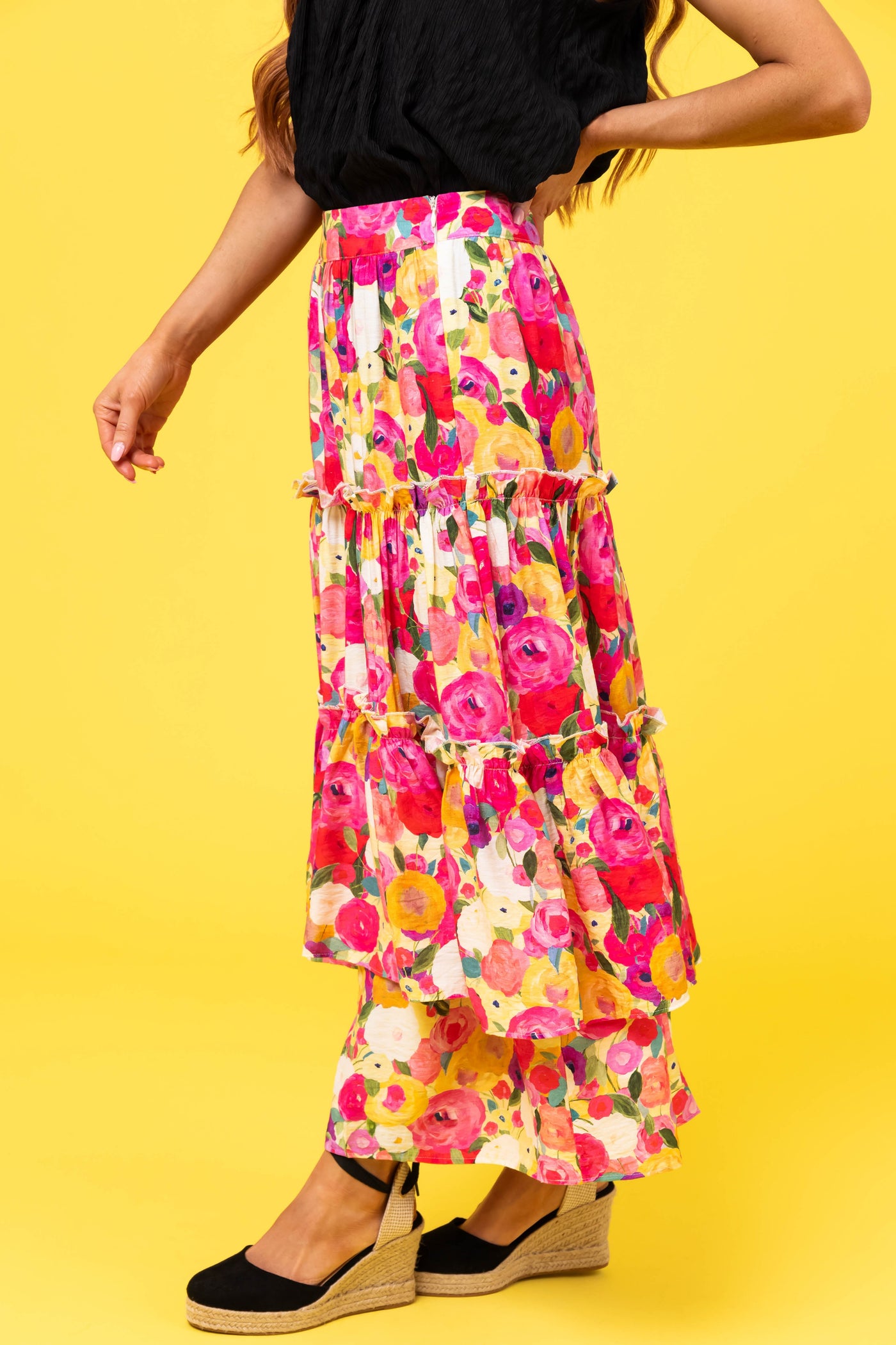 Raspberry Floral Print Tiered Maxi Skirt