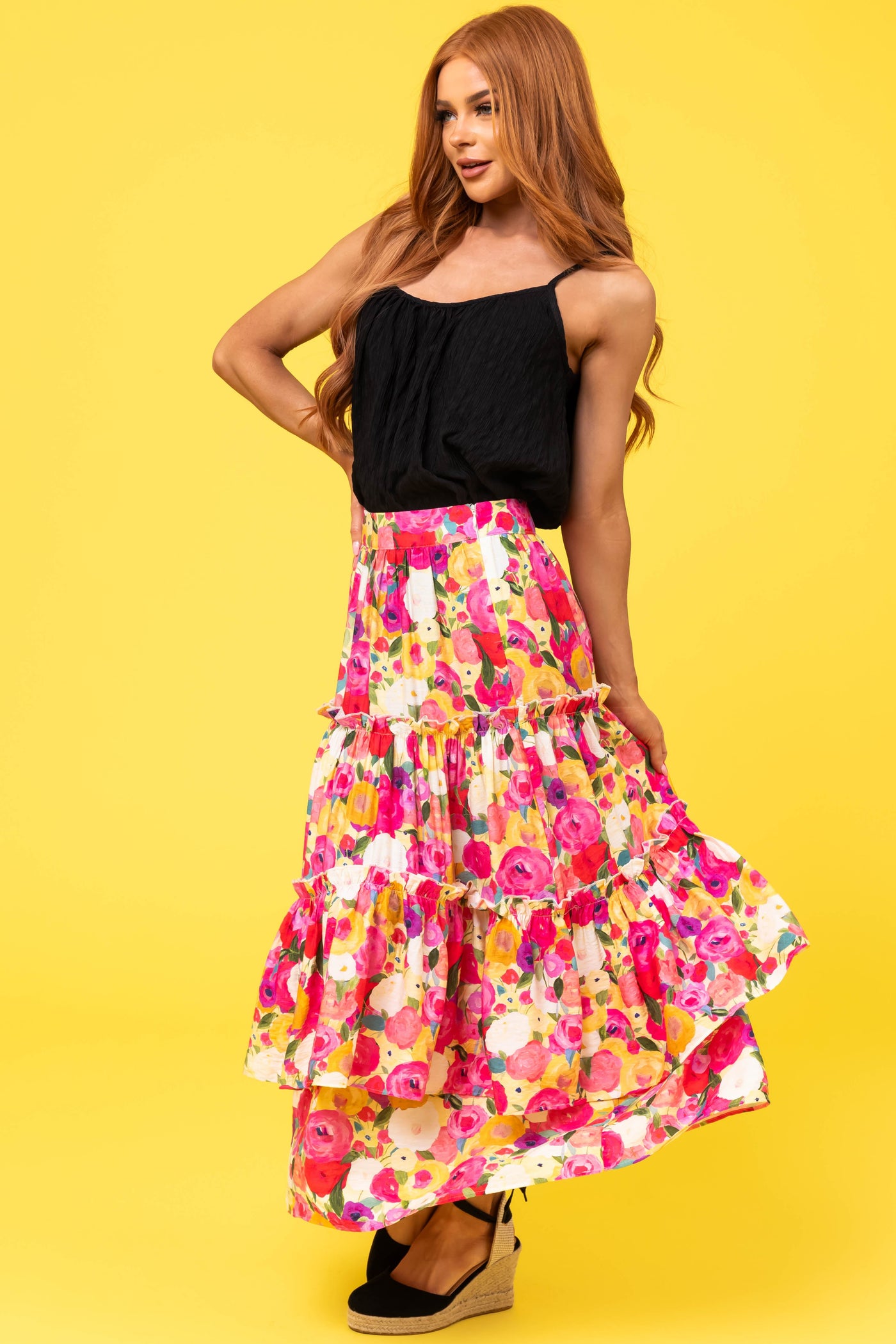 Raspberry Floral Print Tiered Maxi Skirt
