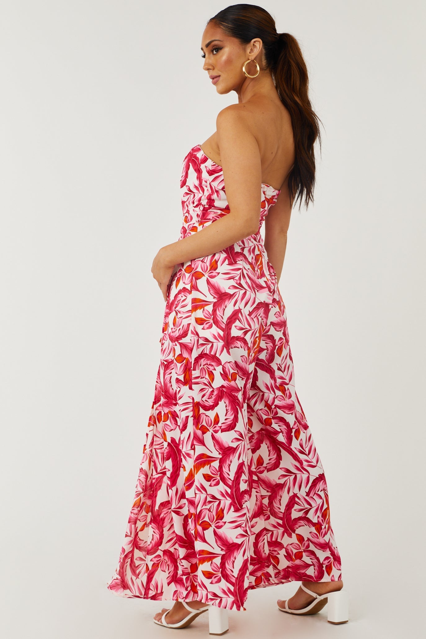 Raspberry Leaf Print Waist Tie Wide Leg Jumpsuit