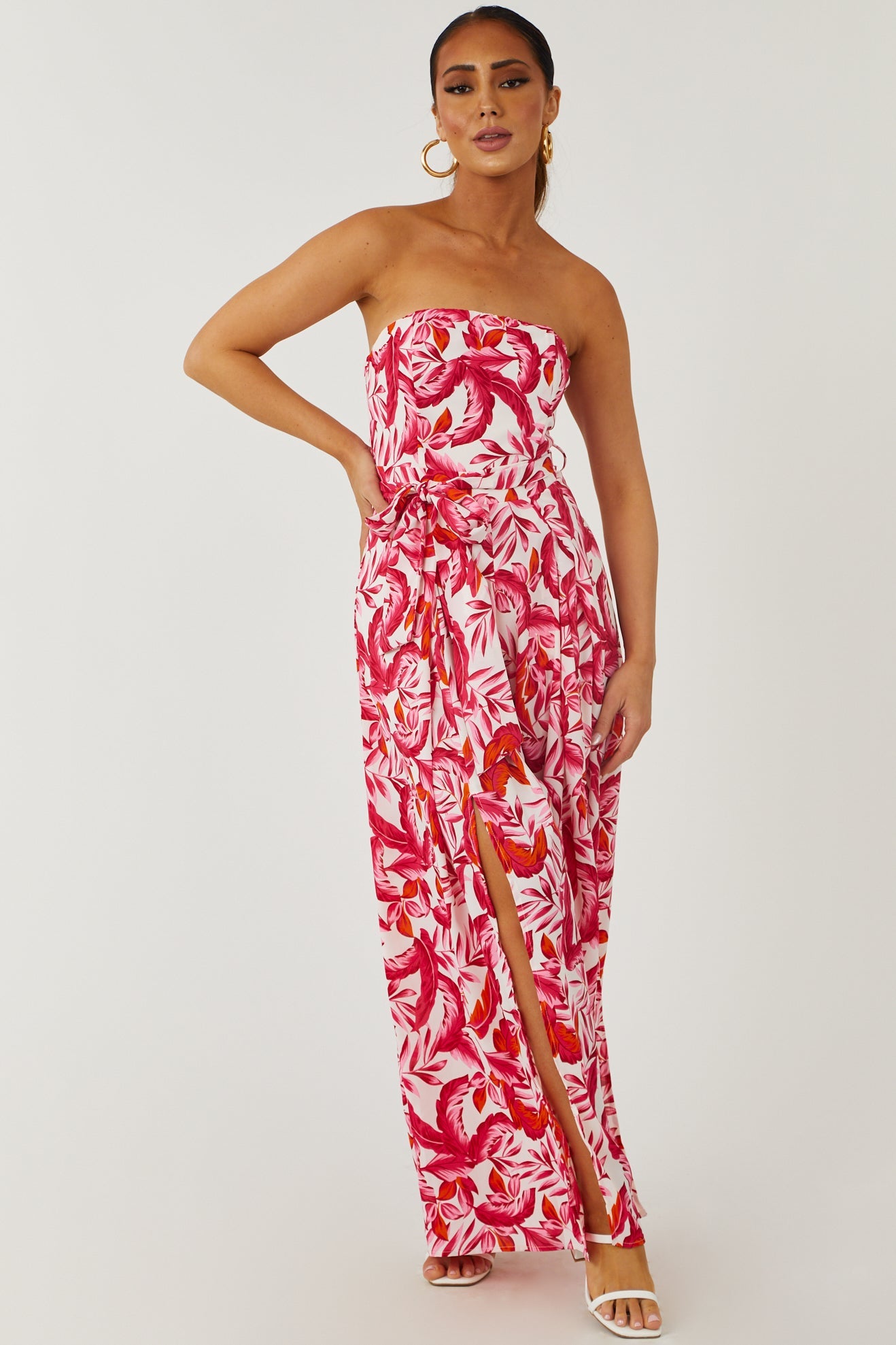Raspberry Leaf Print Waist Tie Wide Leg Jumpsuit