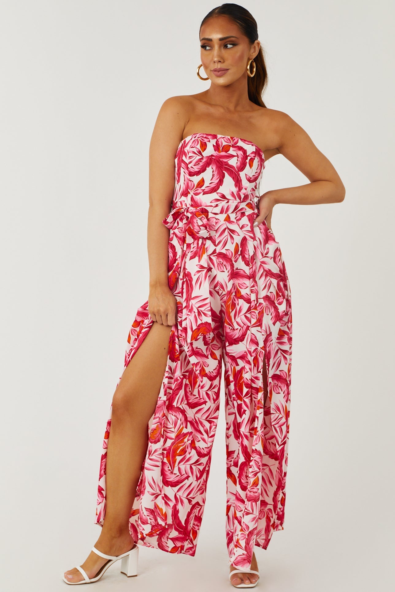 Raspberry Leaf Print Waist Tie Wide Leg Jumpsuit