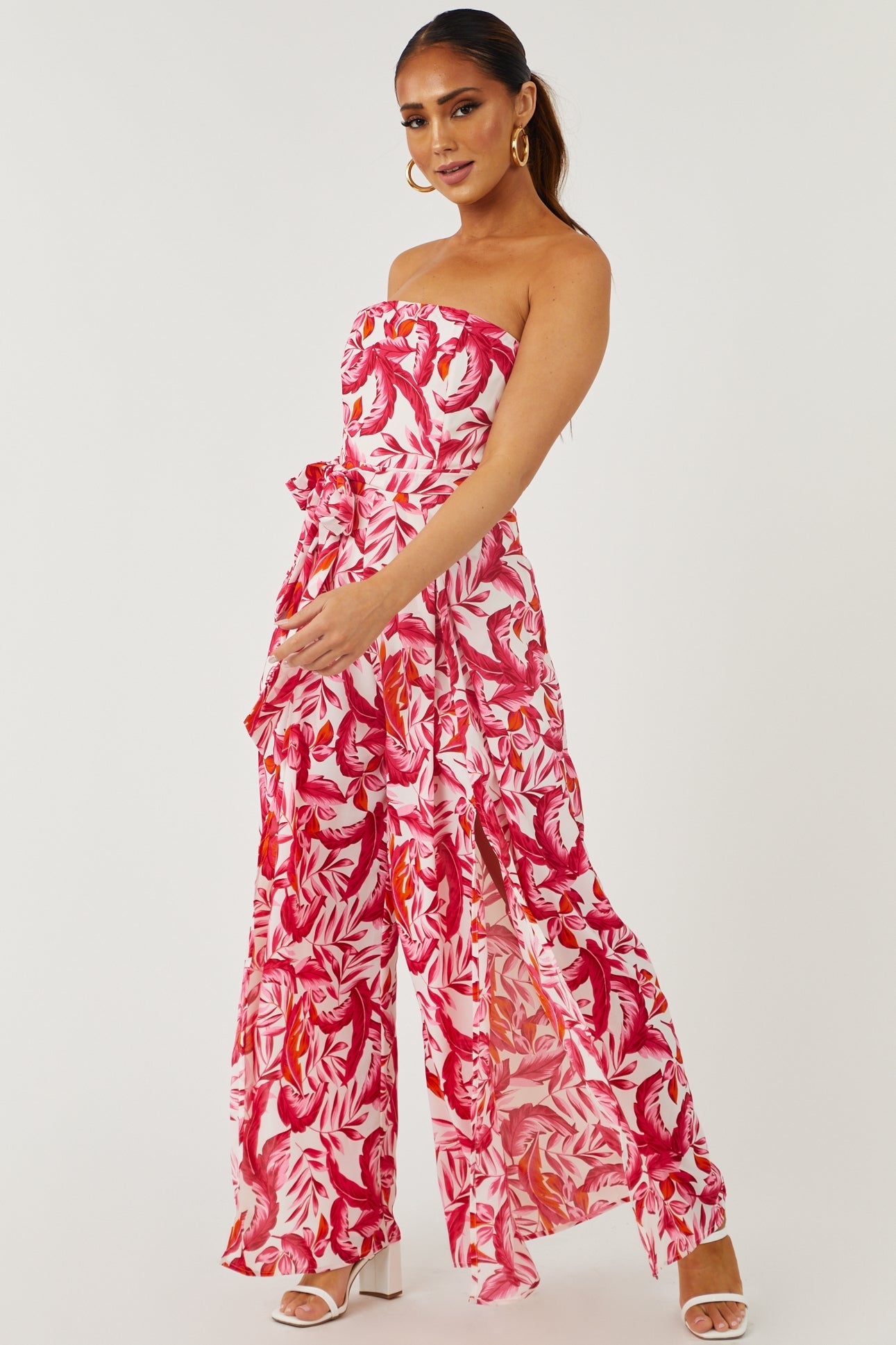 Raspberry Leaf Print Waist Tie Wide Leg Jumpsuit