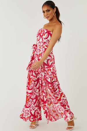 Raspberry Leaf Print Waist Tie Wide Leg Jumpsuit