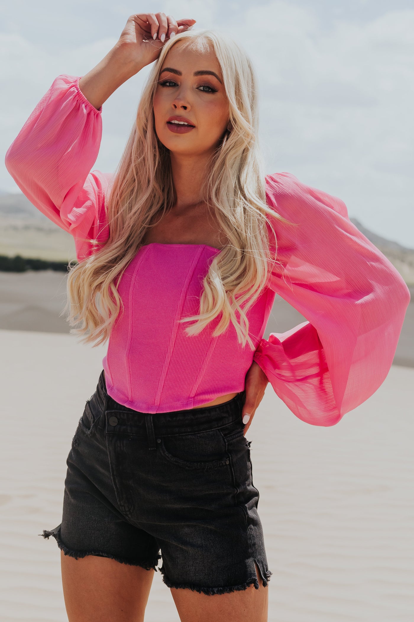 Raspberry Long Sleeve Square Neck Corset Top