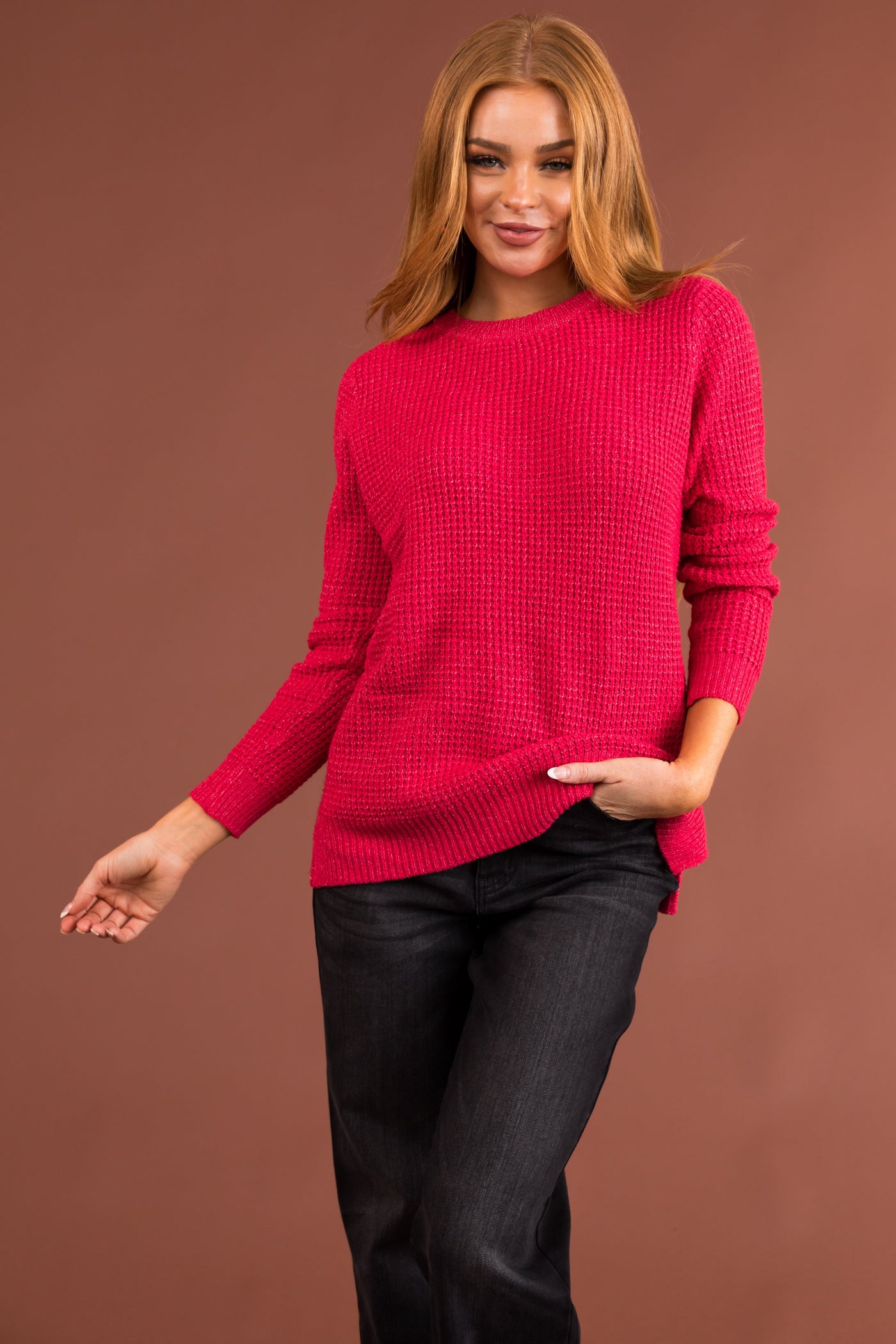 Raspberry Long Sleeve Waffle Knit Sweater
