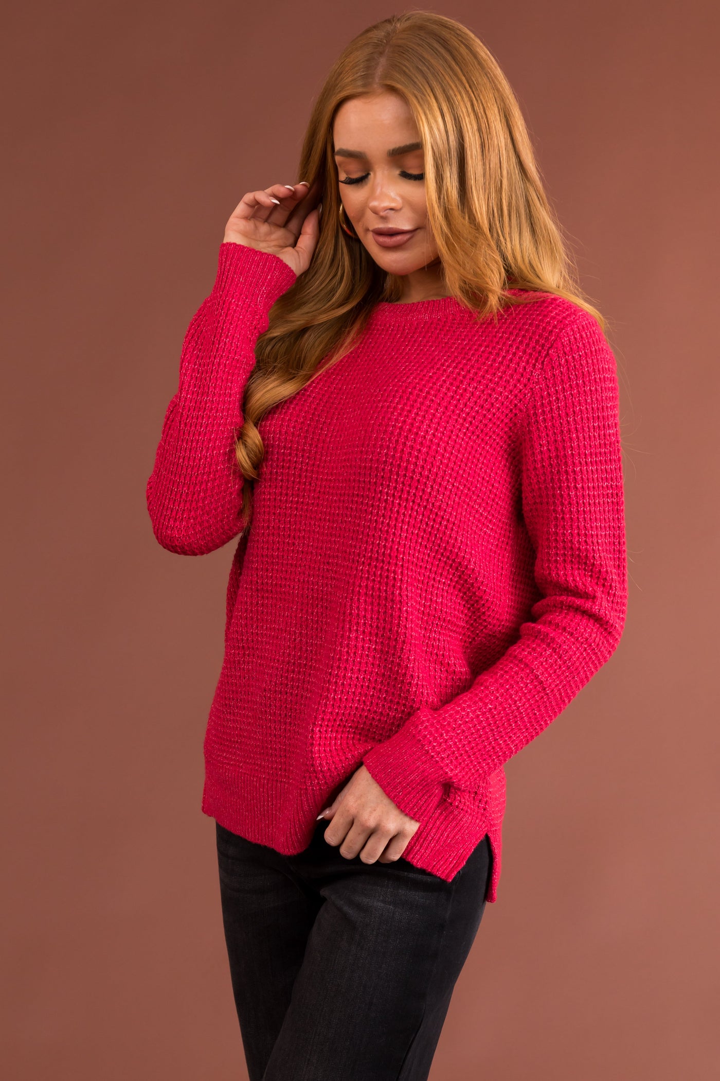Raspberry Long Sleeve Waffle Knit Sweater