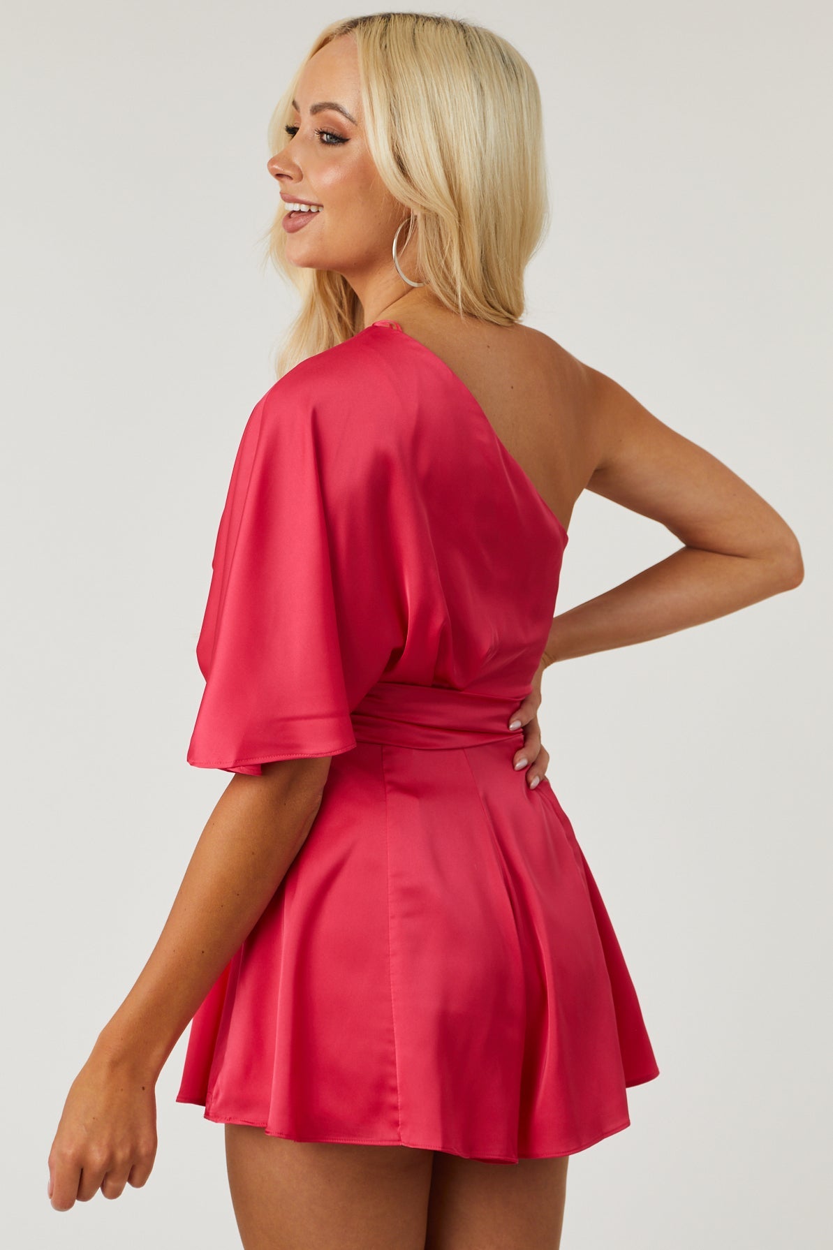 Raspberry One Shoulder Satin Romper