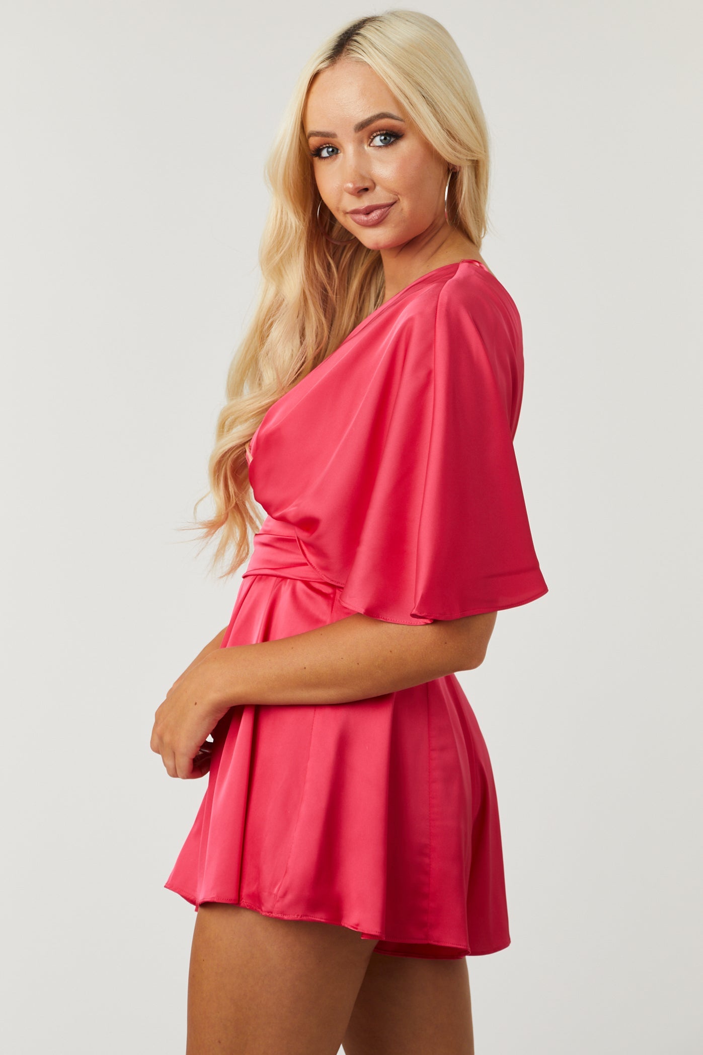 Raspberry One Shoulder Satin Romper