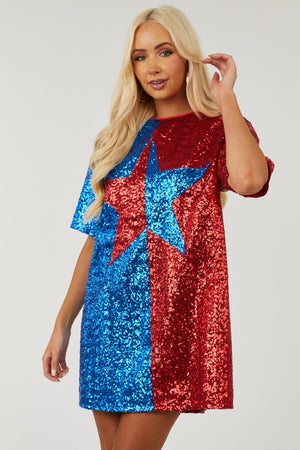 Red and Royal Blue Sequin Loose Fit Mini Dress