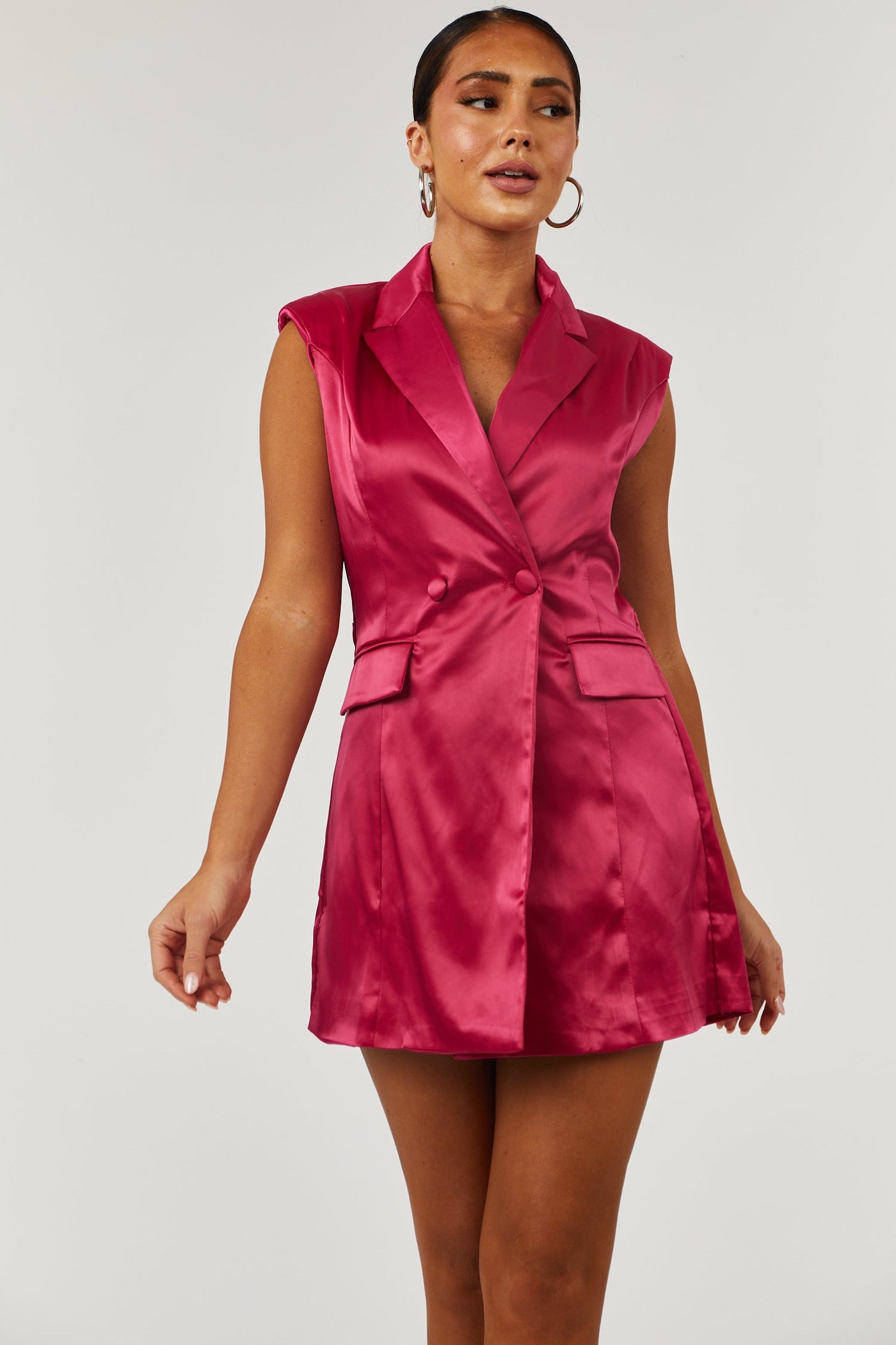 Rich Berry Satin Collared Sleeveless Blazer Romper