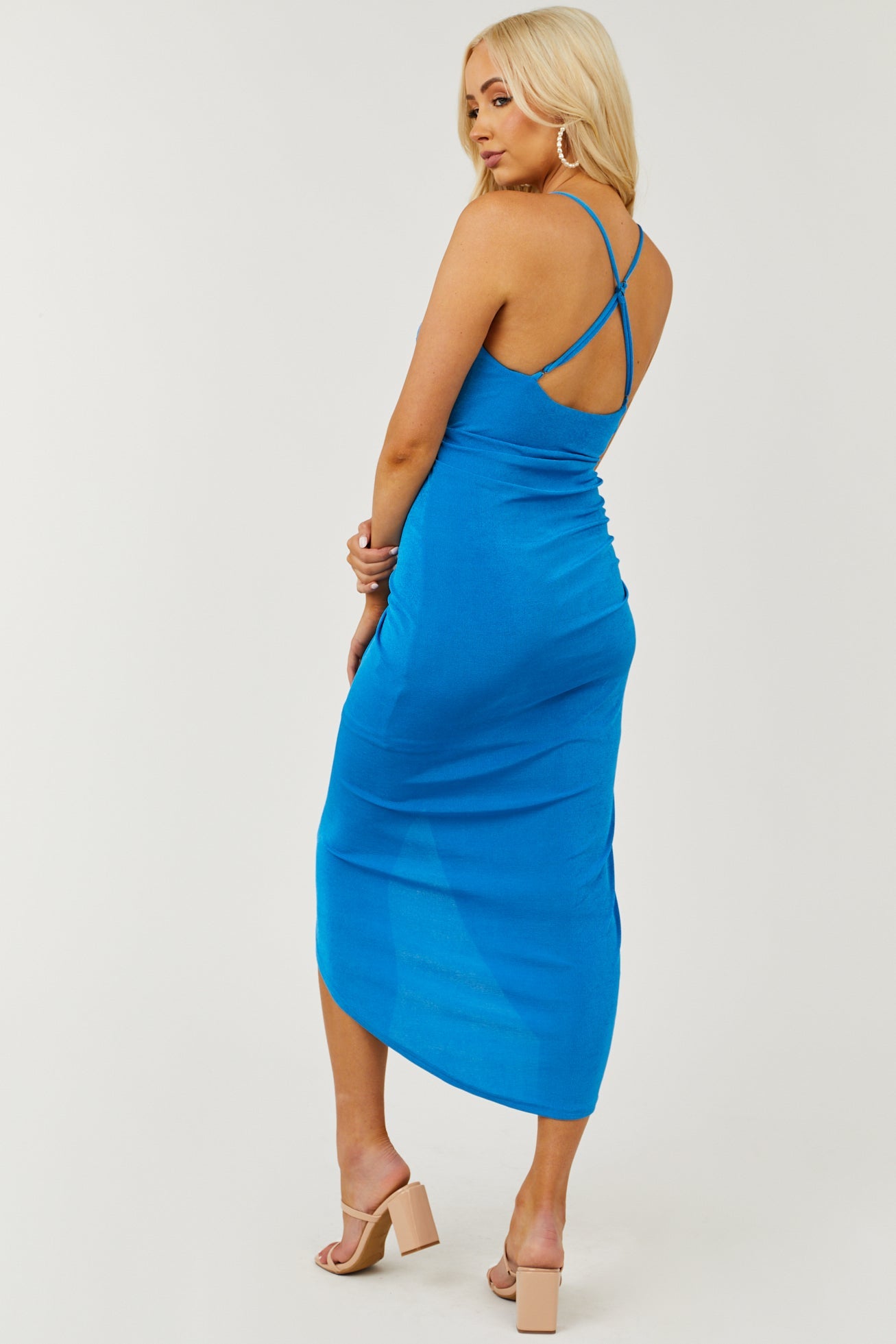 Rich Blue Deep V Sleeveless Draped Midi Dress