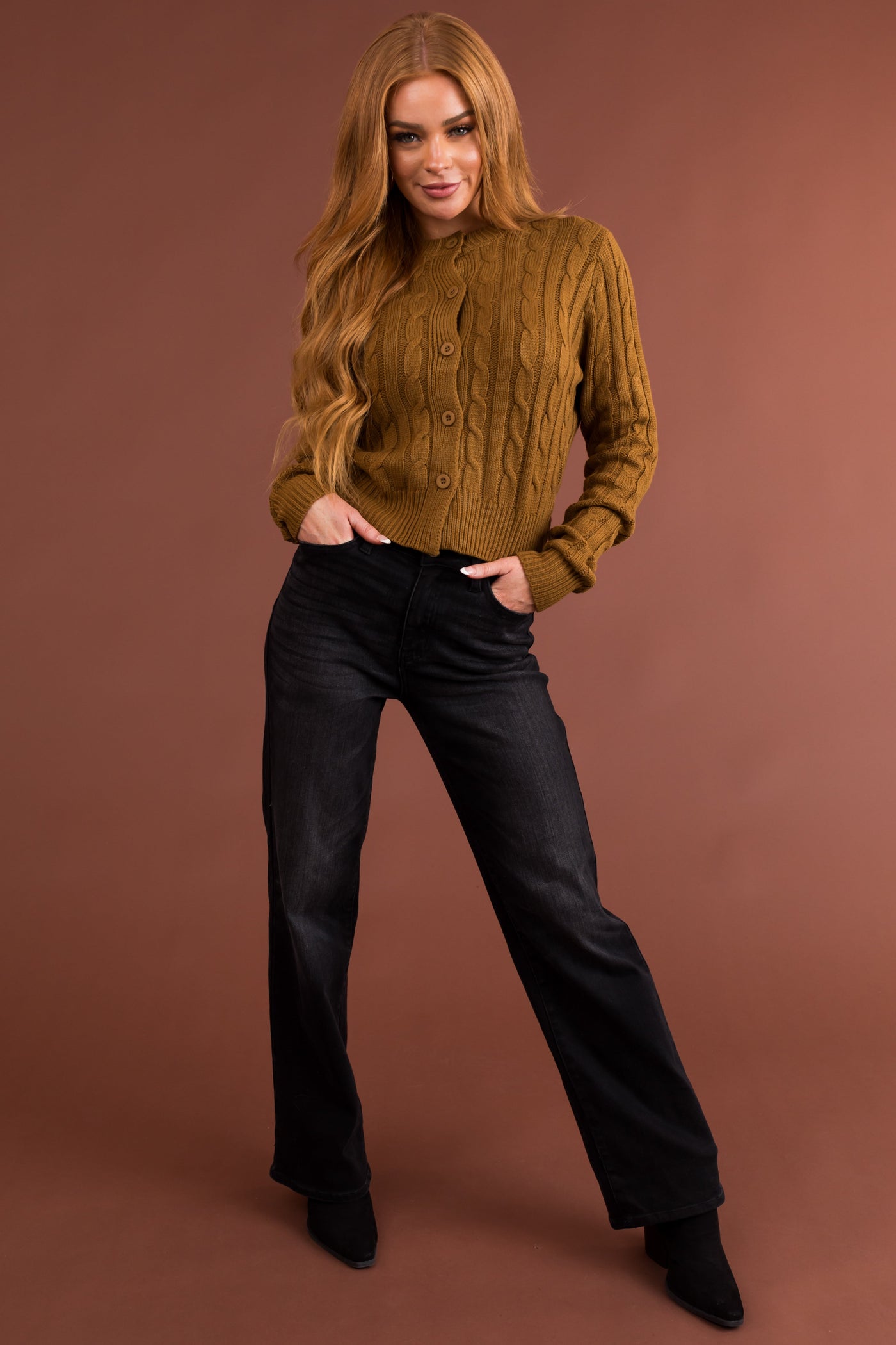 Rich Peanut Cable Knit Cropped Cardigan Sweater