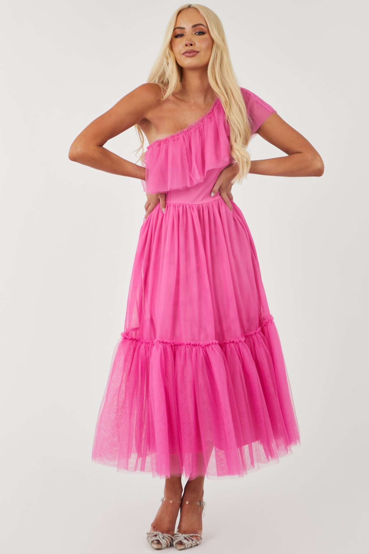 Rich Pink One Shoulder Tiered Tulle Maxi Dress
