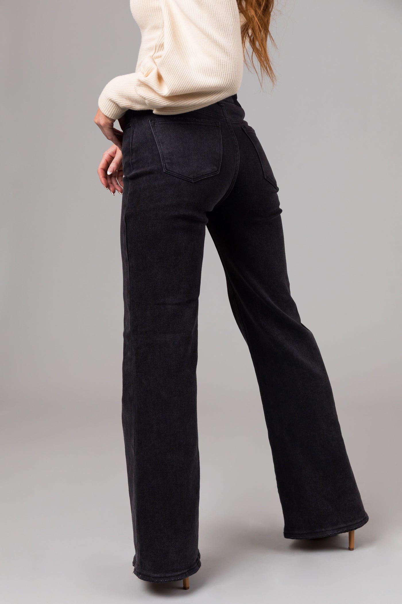Risen Black Mid Rise Folded Waist Wide Leg Jeans