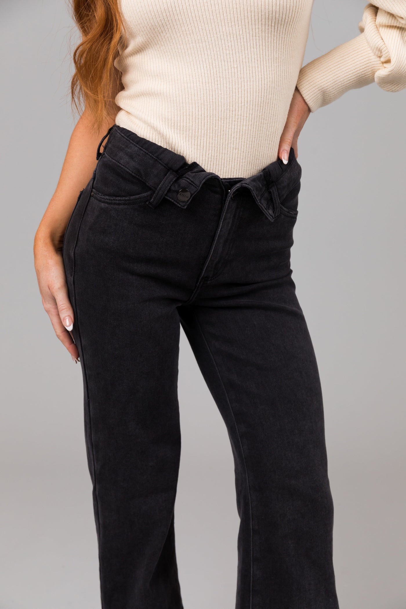 Risen Black Mid Rise Folded Waist Wide Leg Jeans