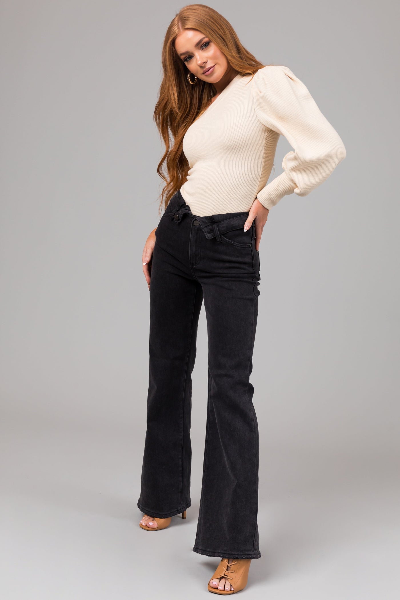 Risen Black Mid Rise Folded Waist Wide Leg Jeans