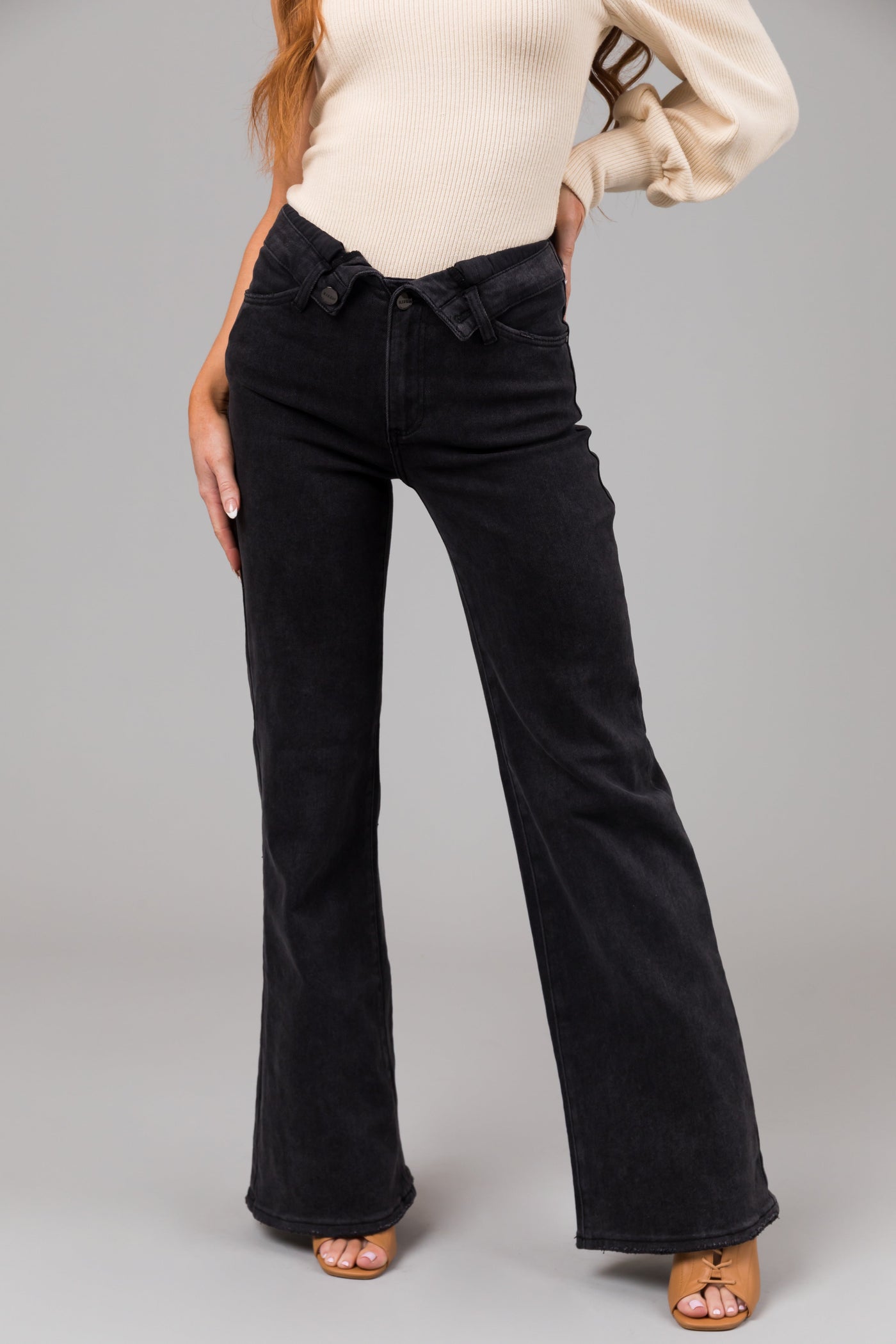 Risen Black Mid Rise Folded Waist Wide Leg Jeans