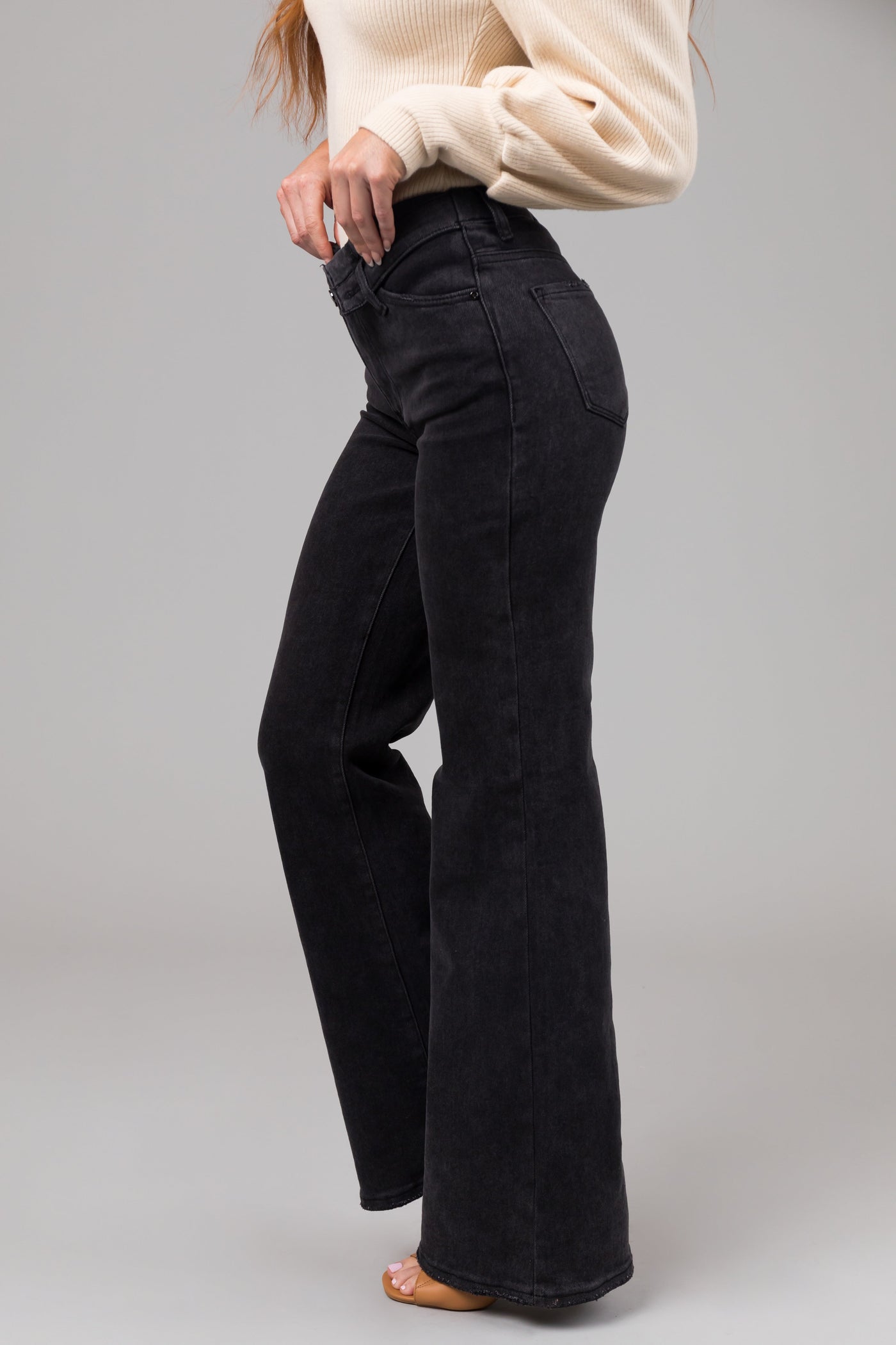 Risen Black Mid Rise Folded Waist Wide Leg Jeans