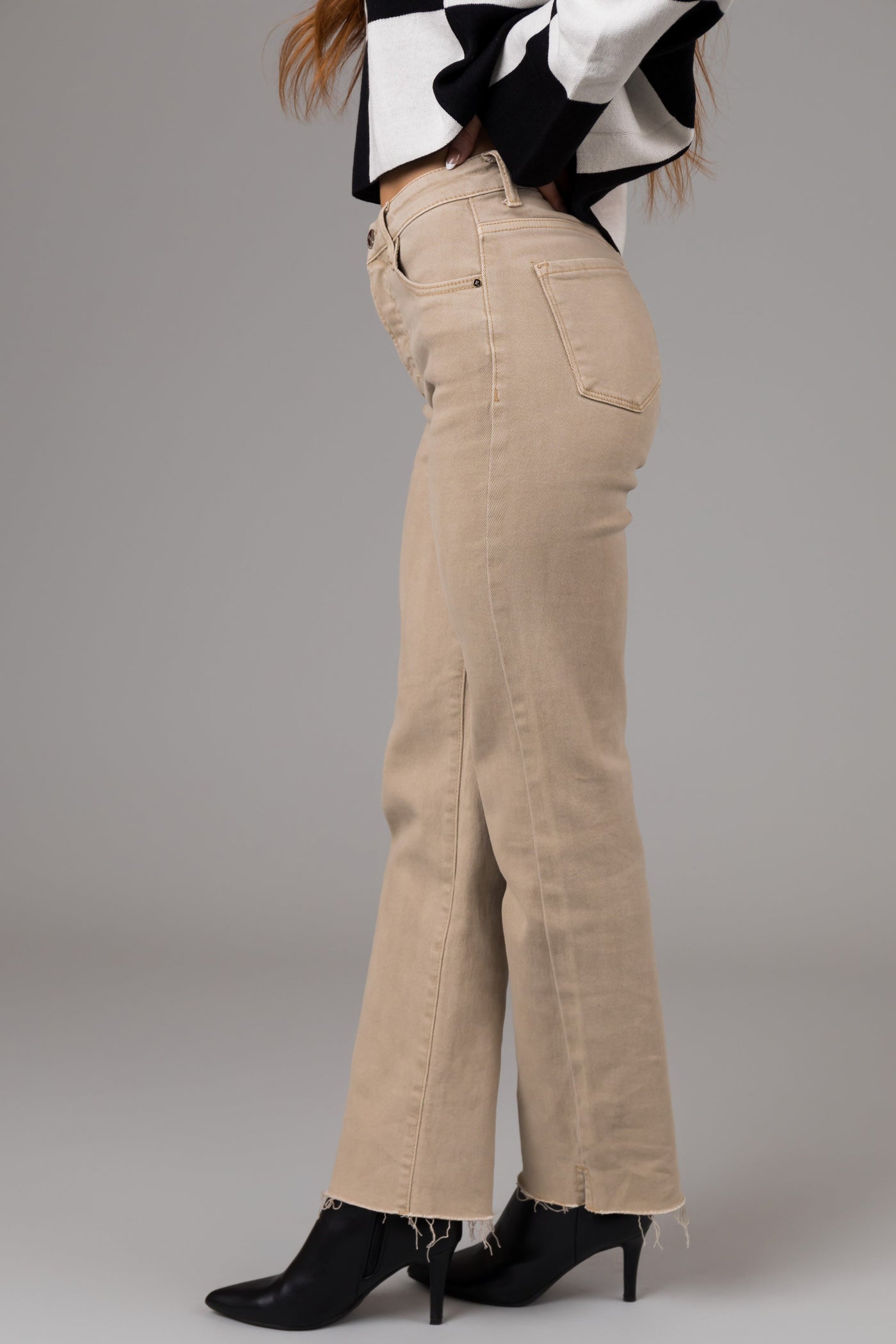 Risen Camel High Rise Straight Leg Raw Hem Jeans