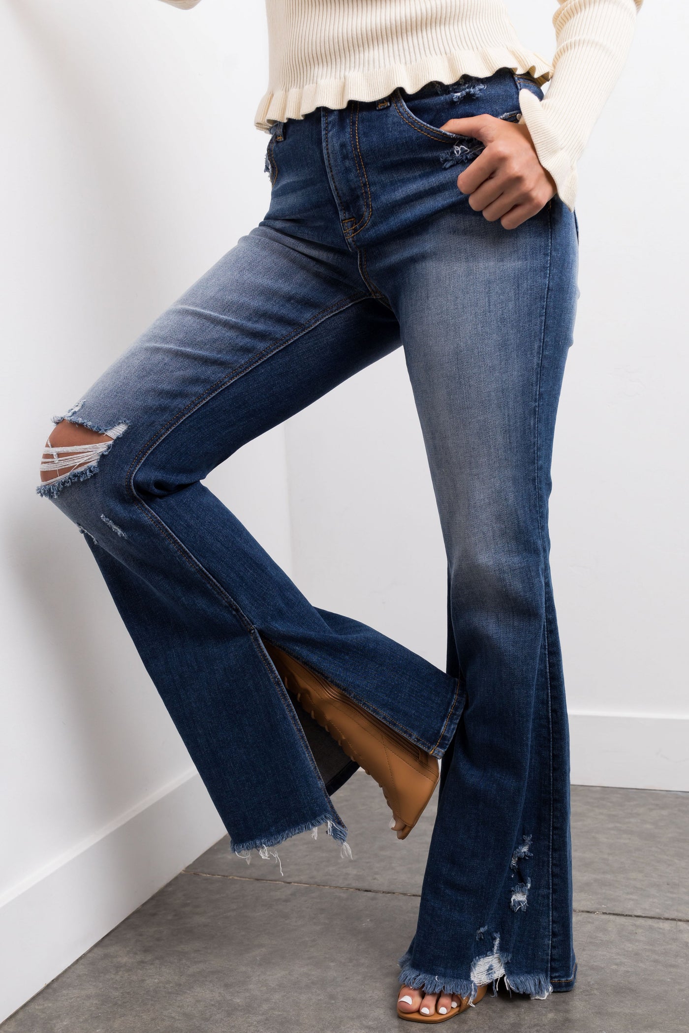 Risen Dark Wash High Rise Side Slit Flare Jeans
